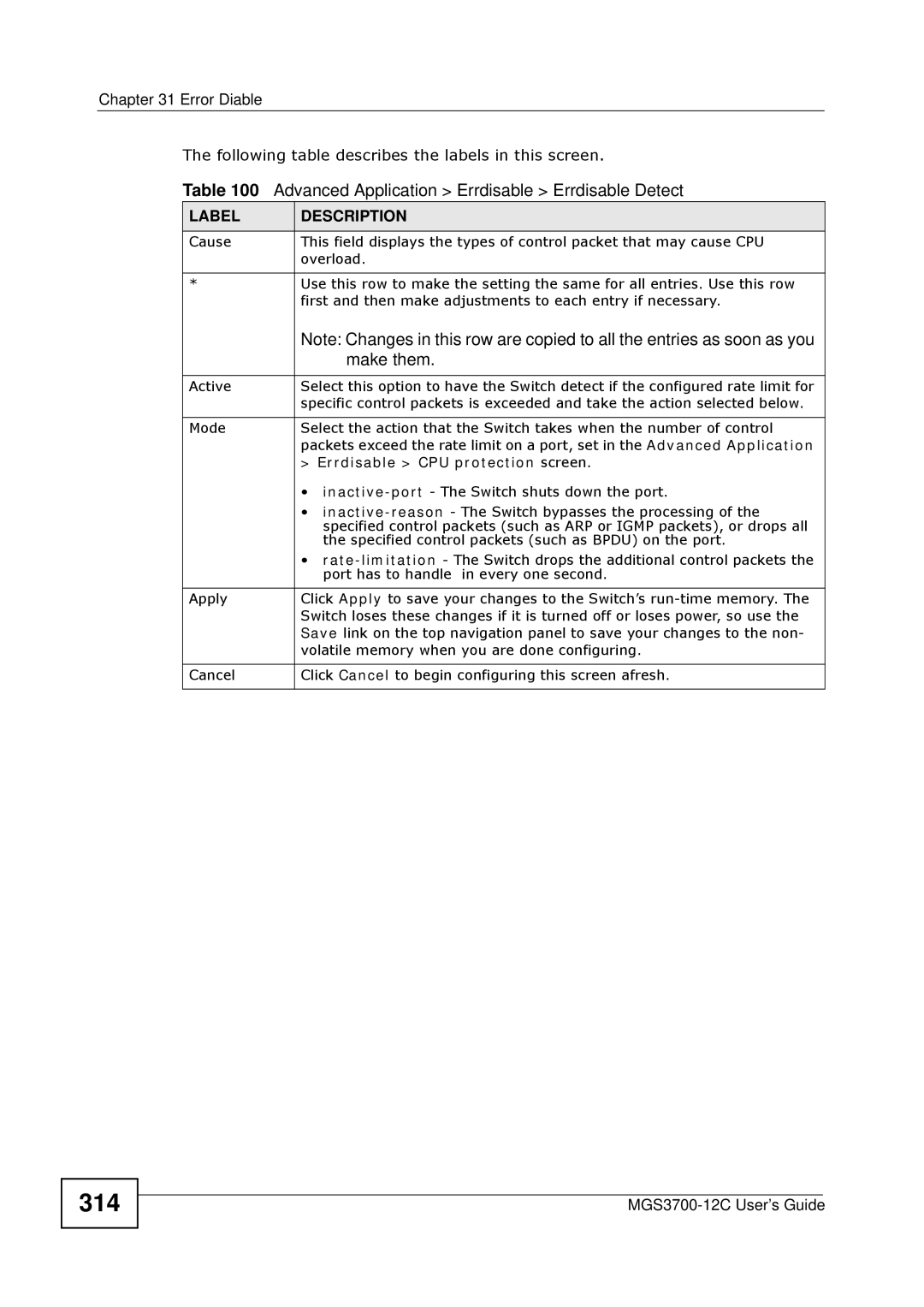 ZyXEL Communications metrogigabit switch manual 314, Errdisable CPU protection screen 