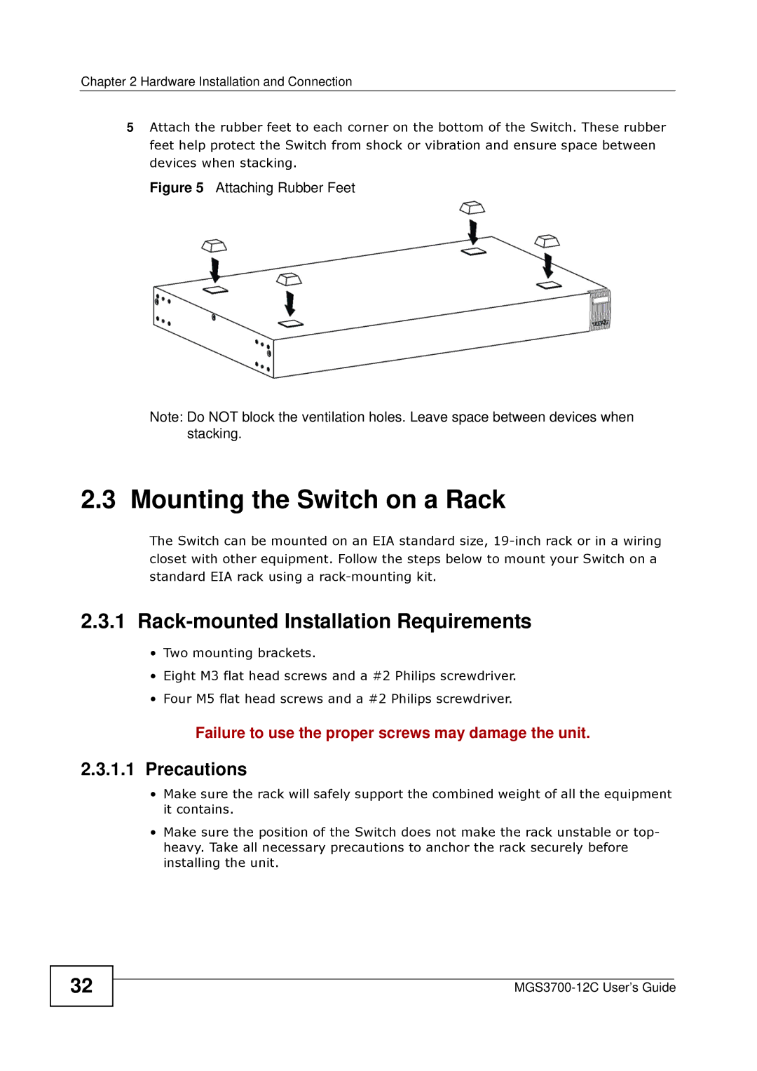 ZyXEL Communications metrogigabit switch manual Mounting the Switch on a Rack, Rack-mounted Installation Requirements 