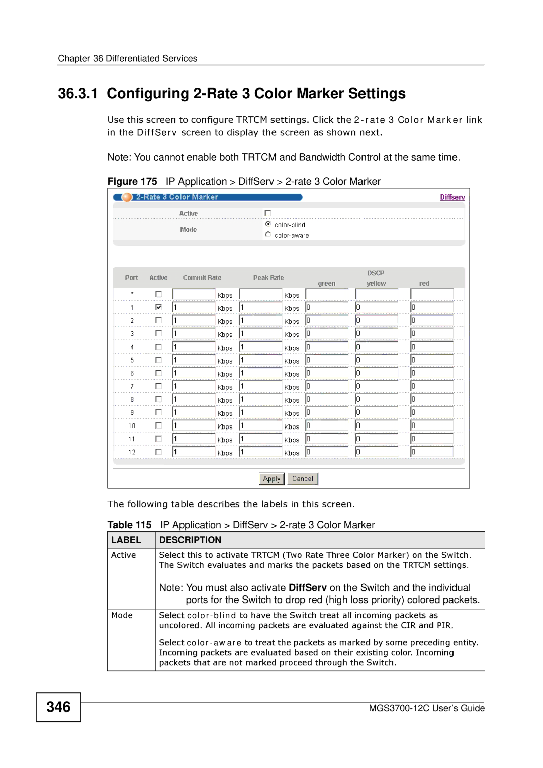 ZyXEL Communications metrogigabit switch manual Configuring 2-Rate 3 Color Marker Settings, 346 