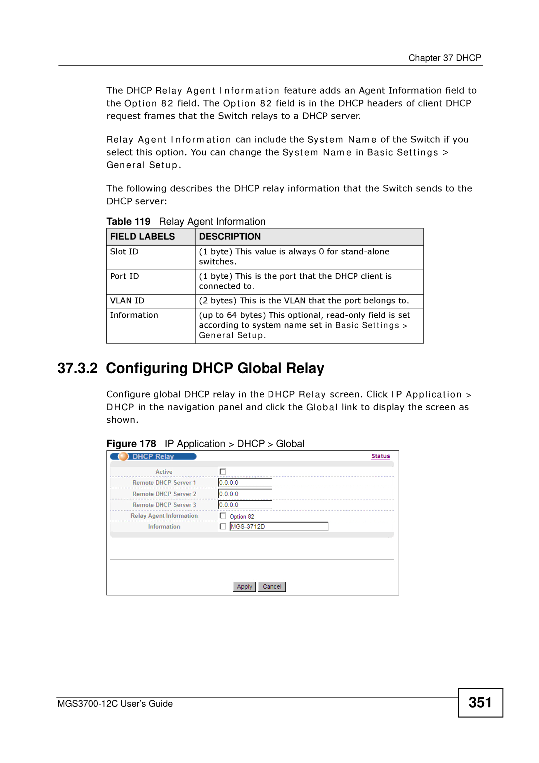 ZyXEL Communications metrogigabit switch manual Configuring Dhcp Global Relay, 351, Relay Agent Information, General Setup 