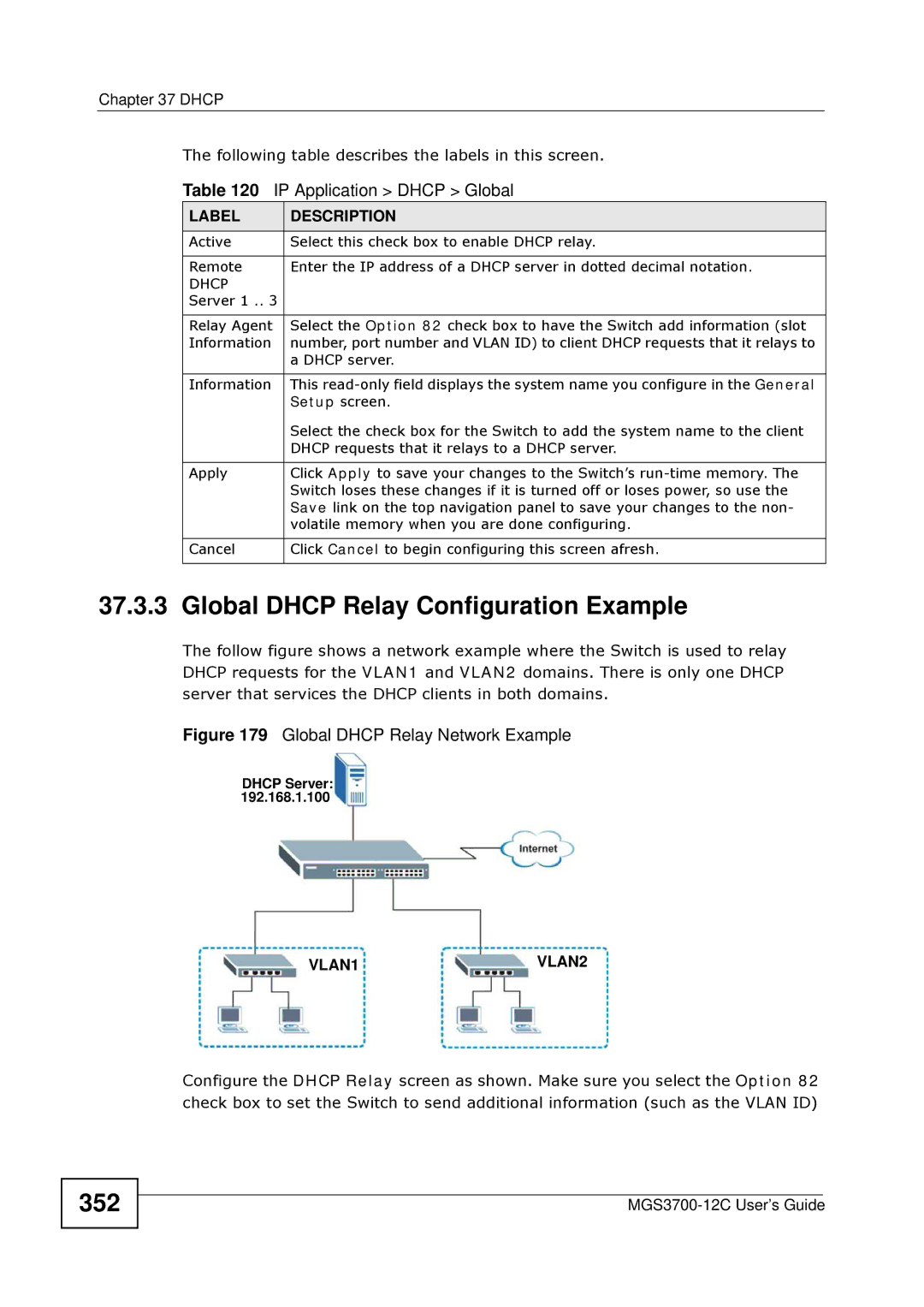 ZyXEL Communications metrogigabit switch manual Global Dhcp Relay Configuration Example, 352, VLAN1VLAN2 