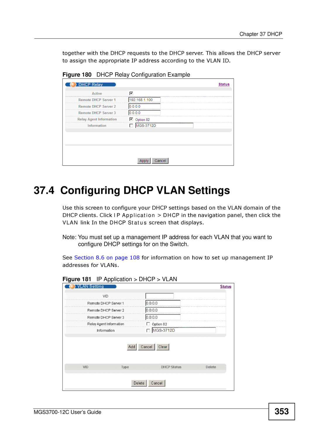 ZyXEL Communications metrogigabit switch manual Configuring Dhcp Vlan Settings, 353 