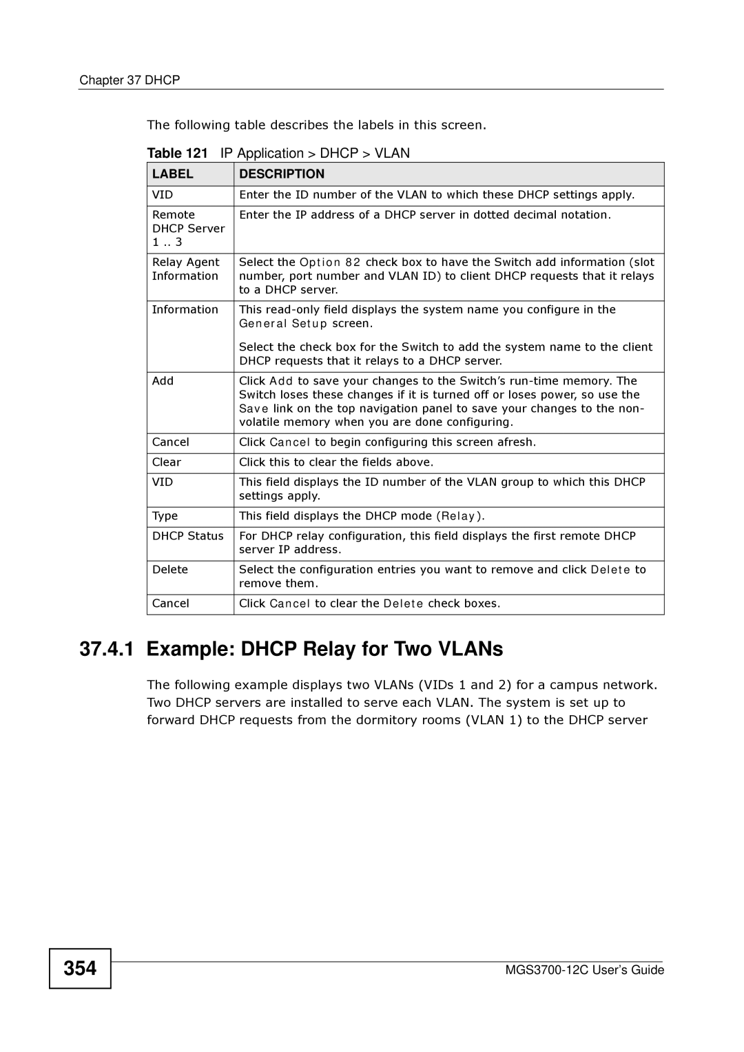 ZyXEL Communications metrogigabit switch manual Example Dhcp Relay for Two VLANs, 354, General Setup screen 