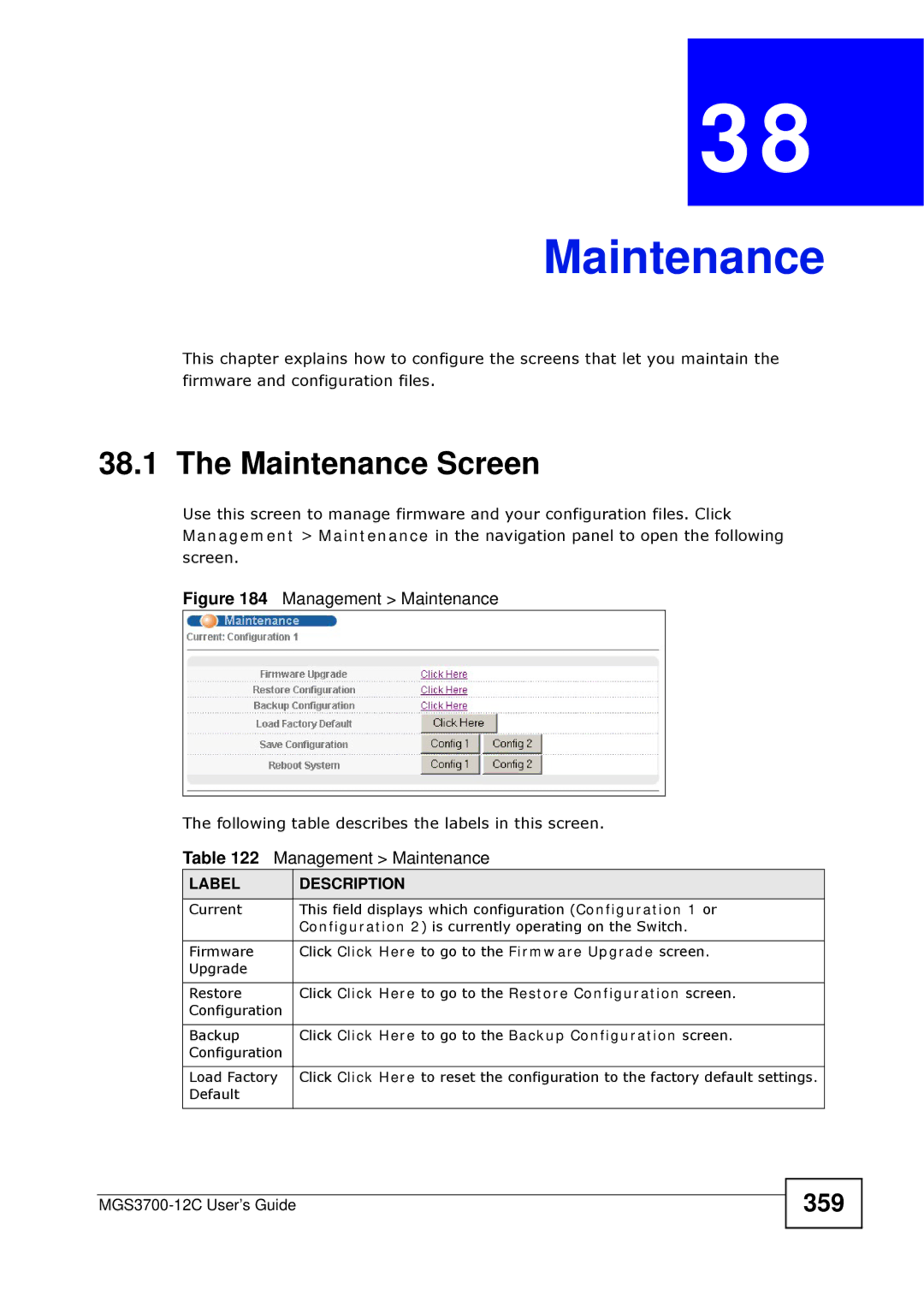 ZyXEL Communications metrogigabit switch manual Maintenance Screen, 359 