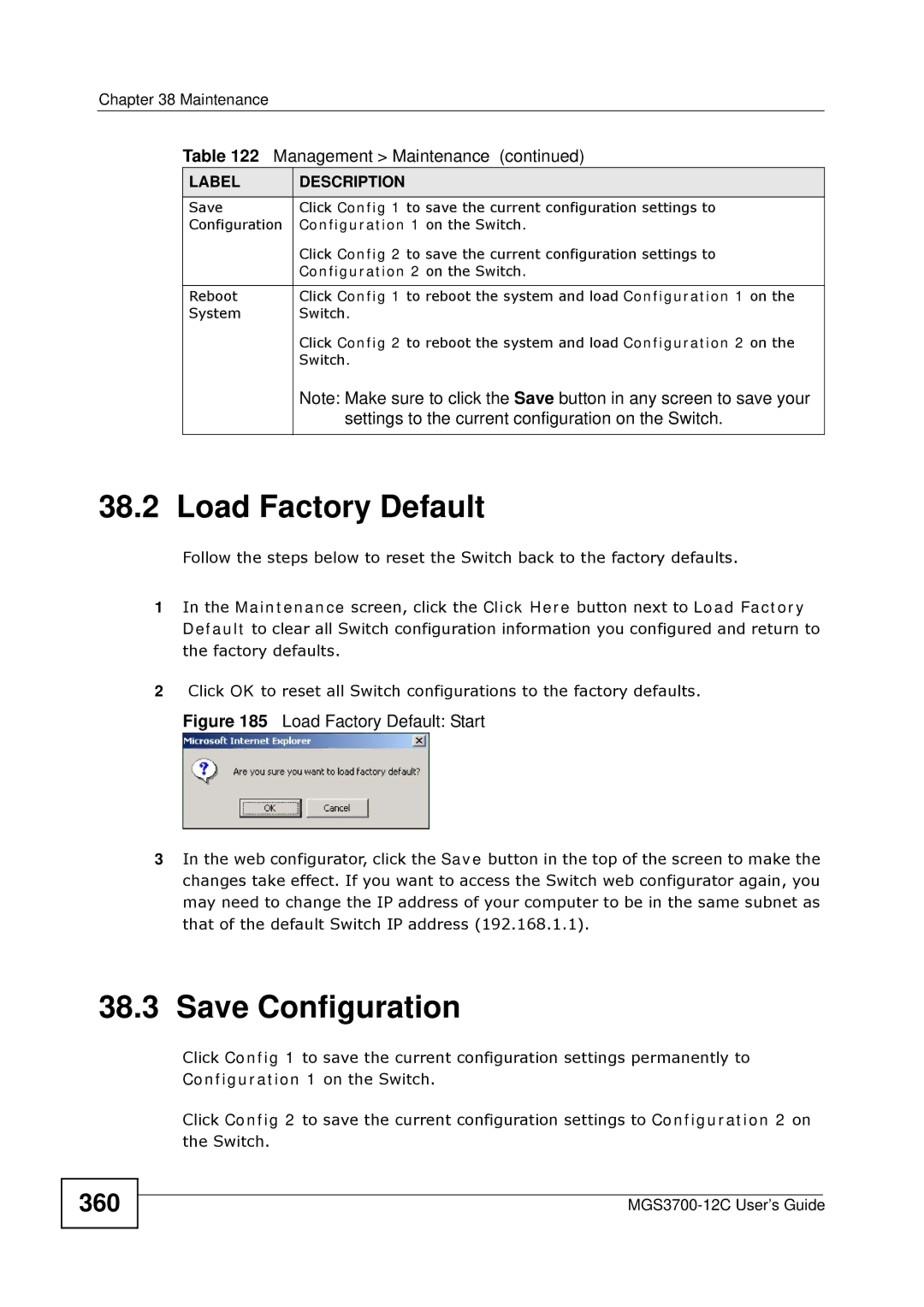 ZyXEL Communications metrogigabit switch manual Load Factory Default, Save Configuration, 360 