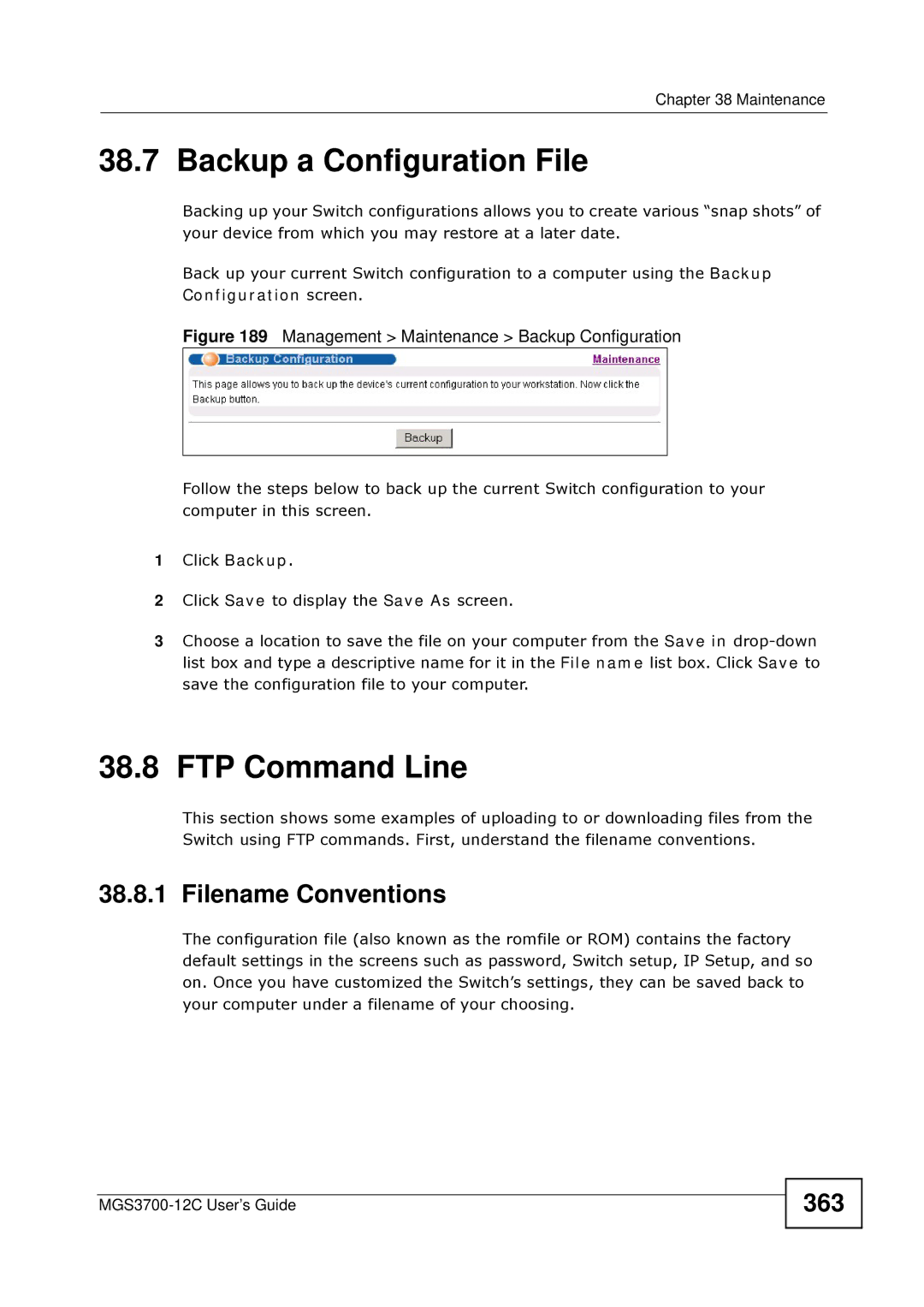 ZyXEL Communications metrogigabit switch manual Backup a Configuration File, FTP Command Line, Filename Conventions, 363 