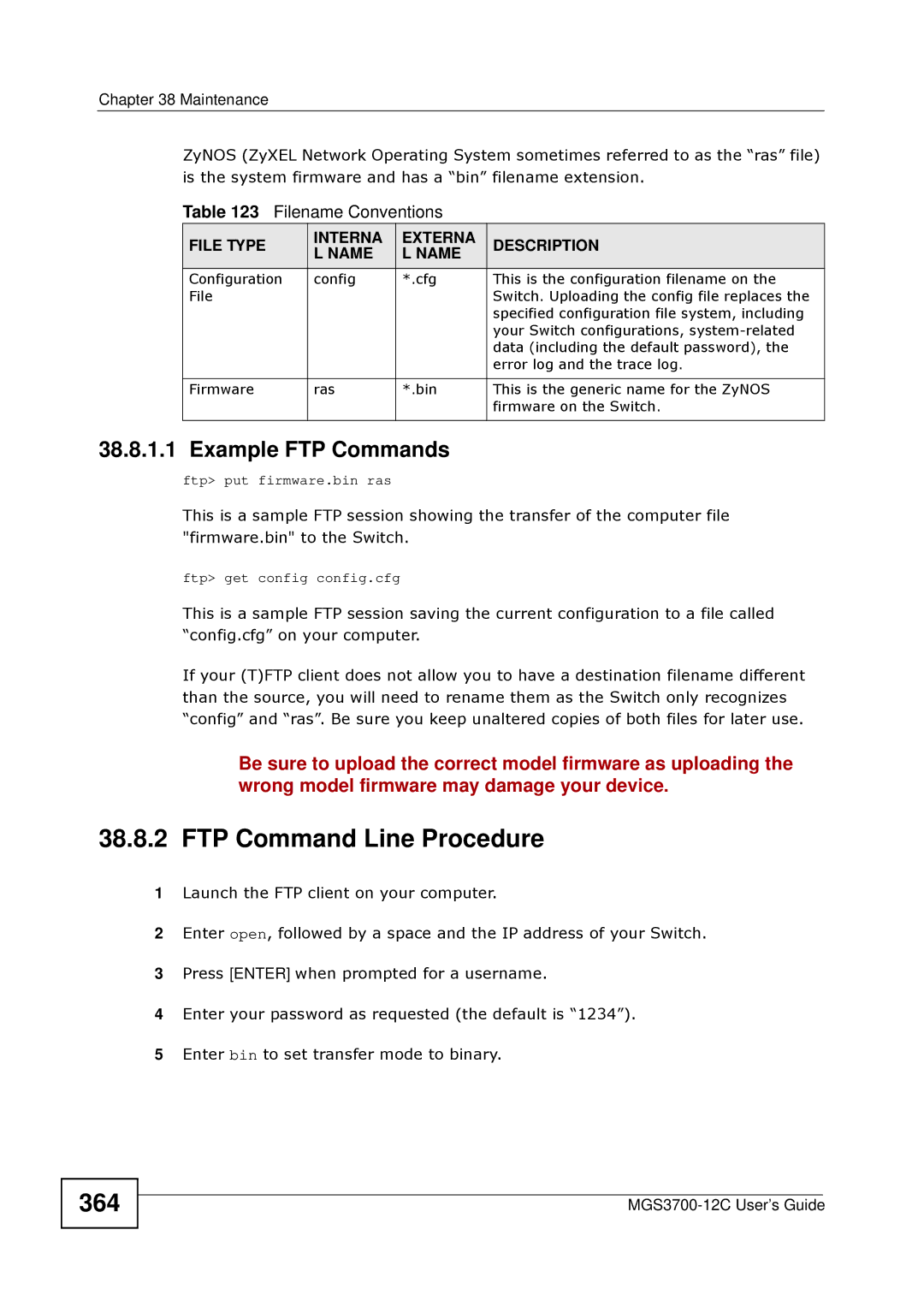 ZyXEL Communications metrogigabit switch manual FTP Command Line Procedure, 364, Example FTP Commands, Filename Conventions 