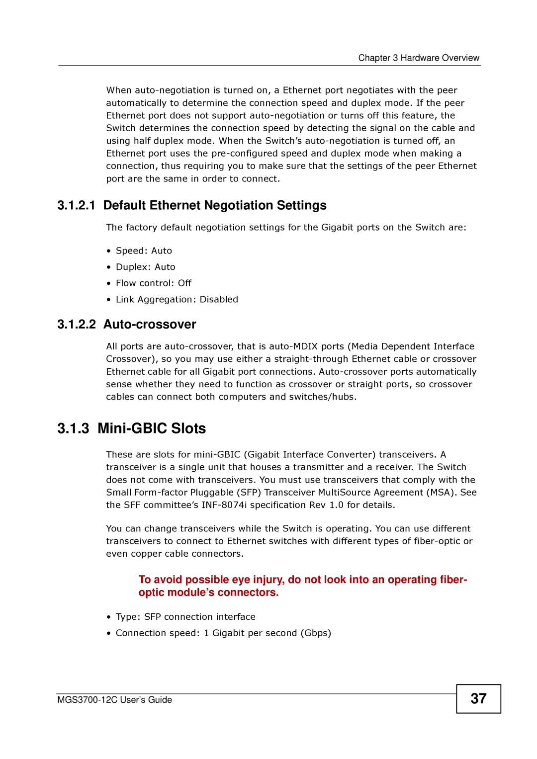 ZyXEL Communications metrogigabit switch manual Mini-GBIC Slots, Default Ethernet Negotiation Settings, Auto-crossover 