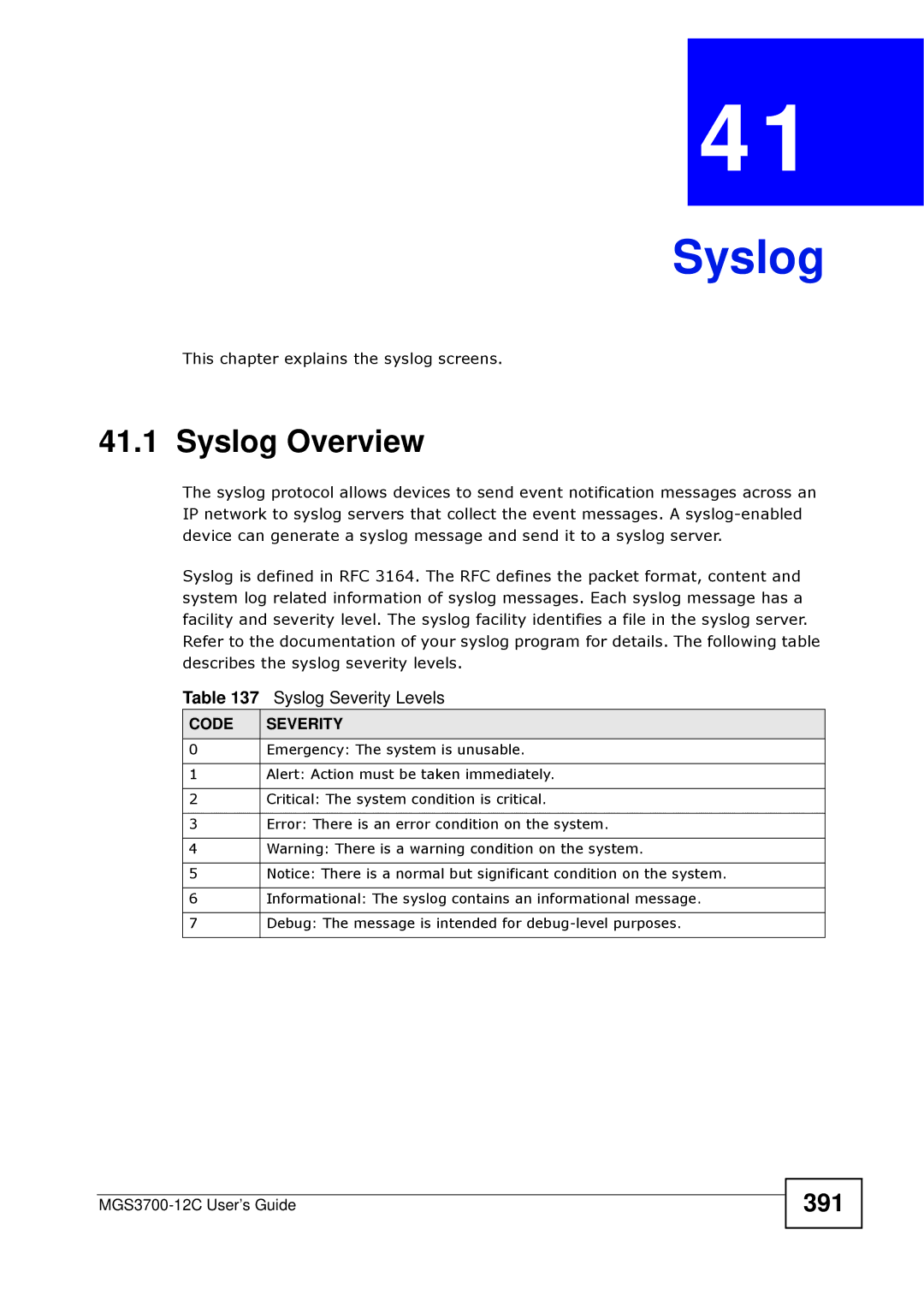 ZyXEL Communications metrogigabit switch manual Syslog Overview, 391, Syslog Severity Levels, Code Severity 