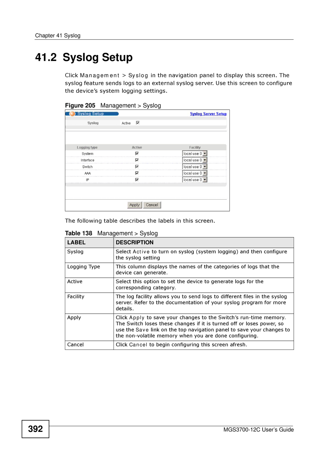 ZyXEL Communications metrogigabit switch manual Syslog Setup, 392 