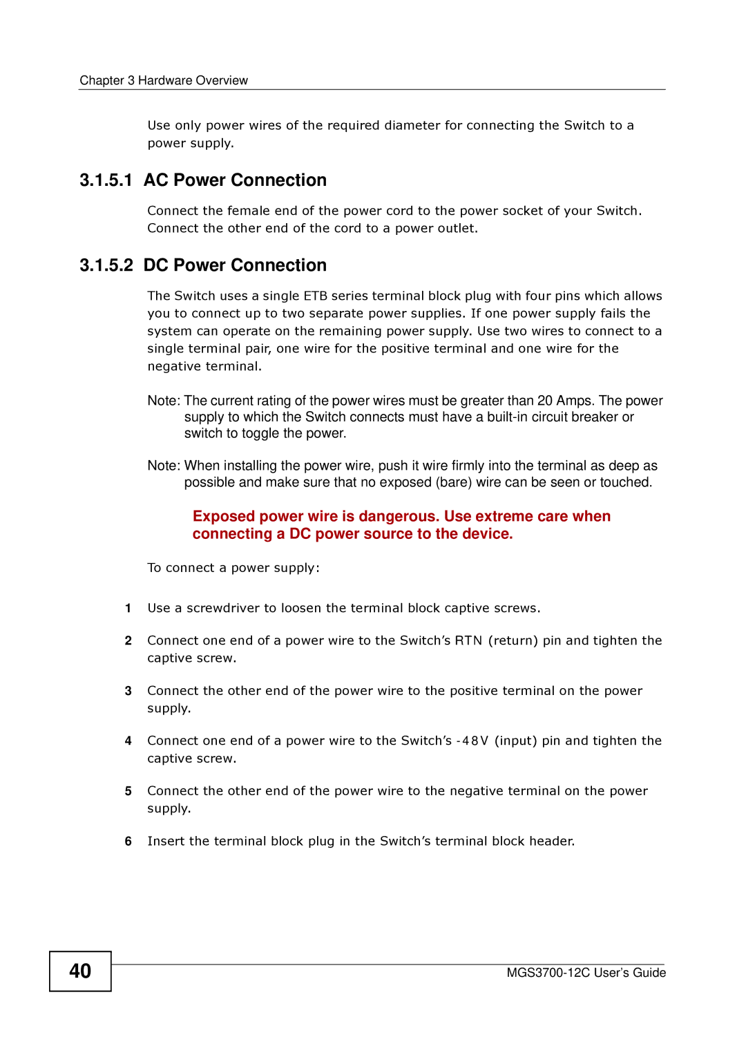 ZyXEL Communications metrogigabit switch manual AC Power Connection, DC Power Connection 