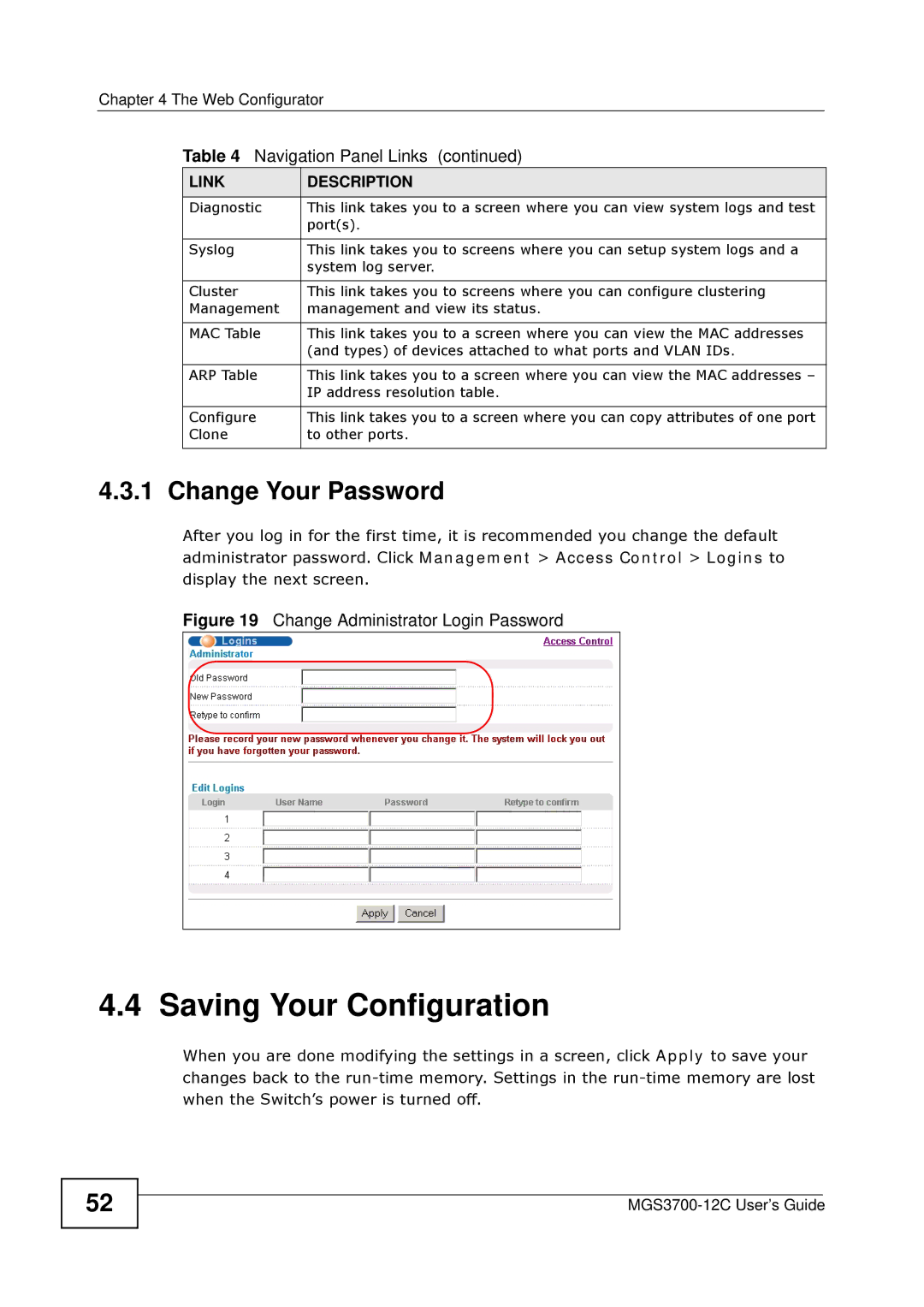 ZyXEL Communications metrogigabit switch manual Saving Your Configuration, Change Your Password 