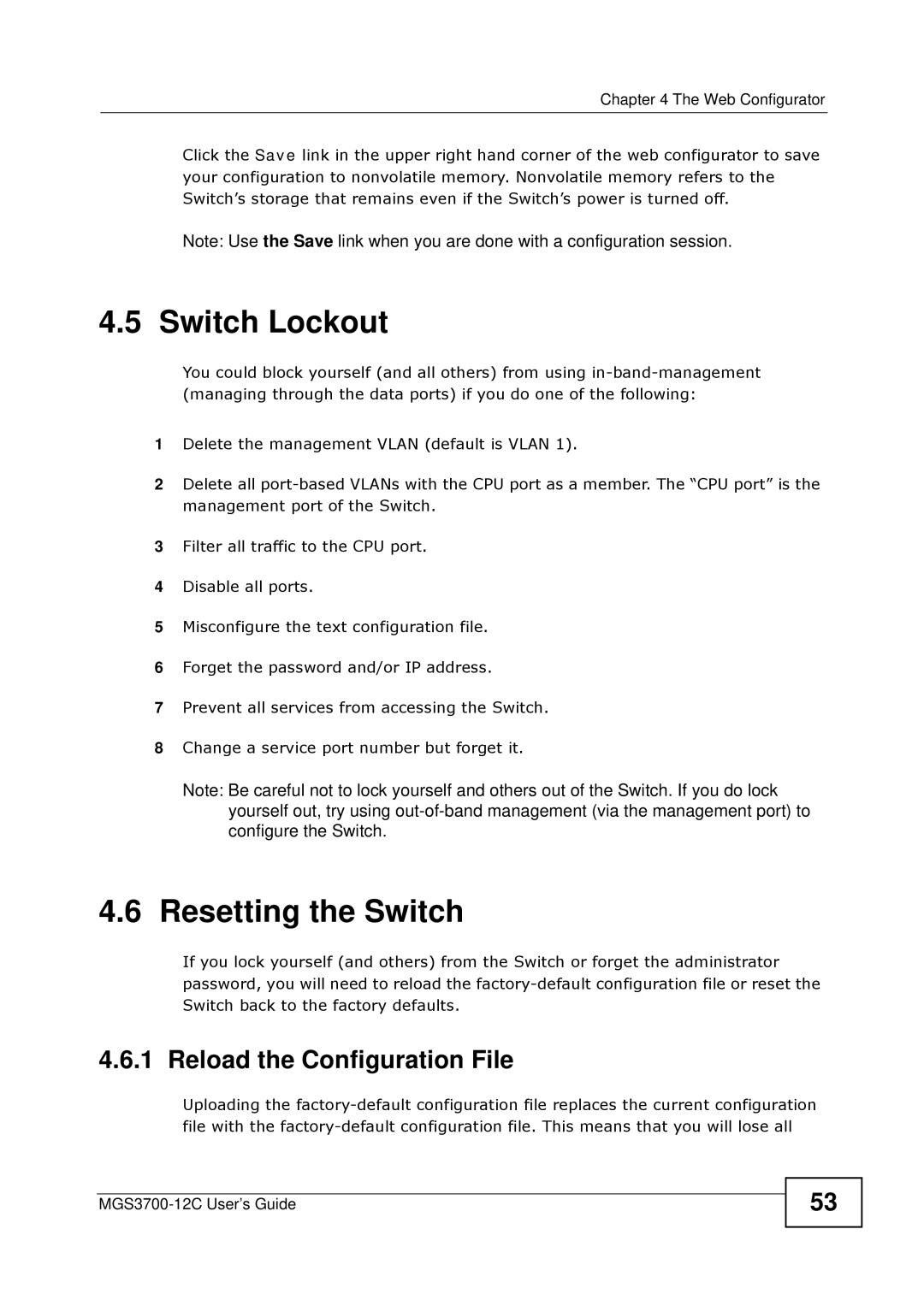 ZyXEL Communications metrogigabit switch manual Switch Lockout, Resetting the Switch, Reload the Configuration File 