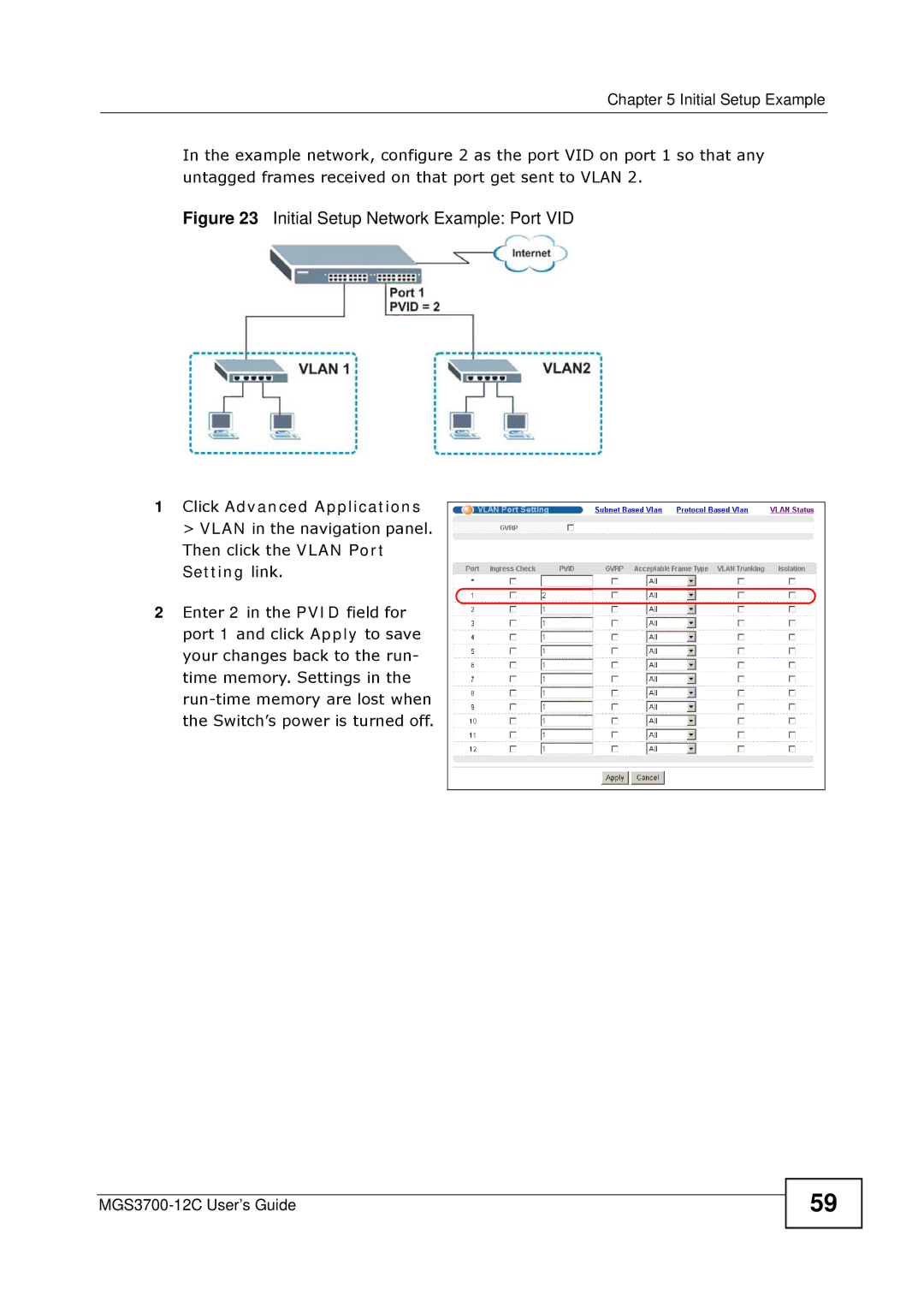 ZyXEL Communications metrogigabit switch manual Initial Setup Network Example Port VID 