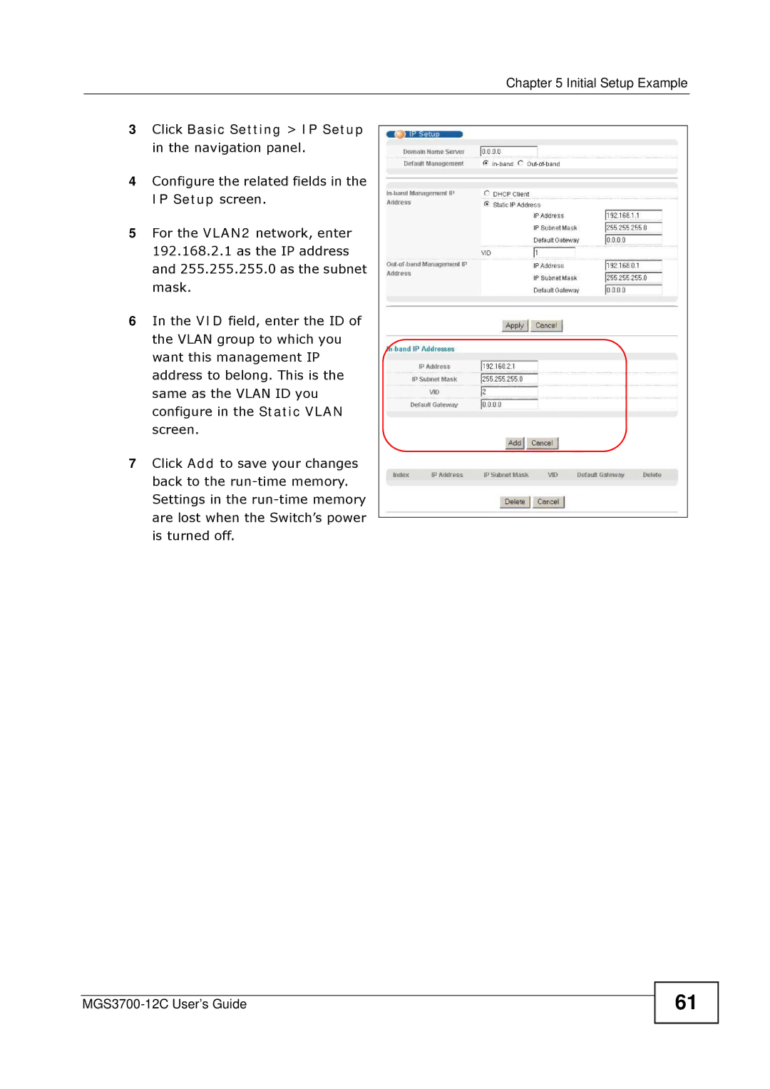 ZyXEL Communications metrogigabit switch manual Click Basic Setting IP Setup in the navigation panel 