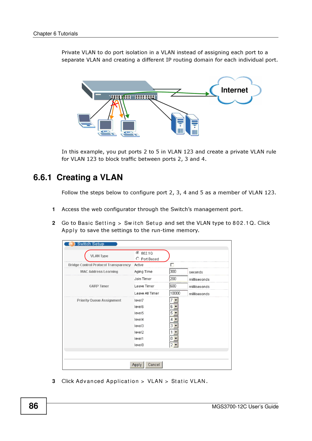 ZyXEL Communications metrogigabit switch manual Creating a Vlan, Internet 