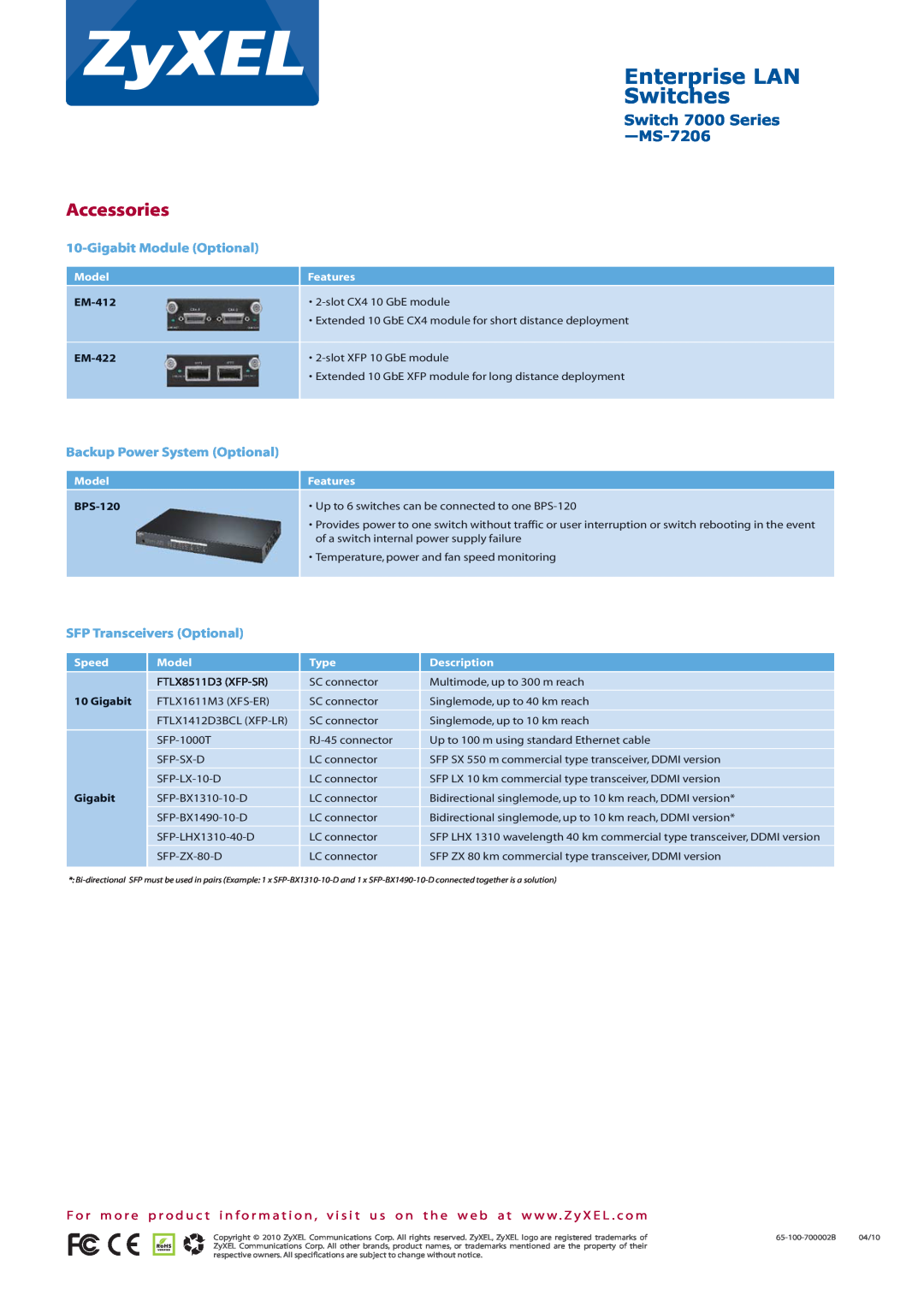 ZyXEL Communications XGS-4526 Accessories, Gigabit Module Optional, Backup Power System Optional, Enterprise LAN Switches 