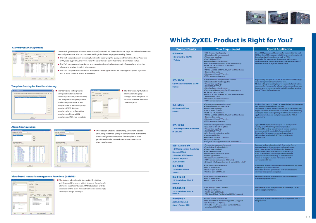 ZyXEL Communications MSAN/IP DSLAM specifications Which ZyXEL Product is Right for You?, Alarm/Event Management 