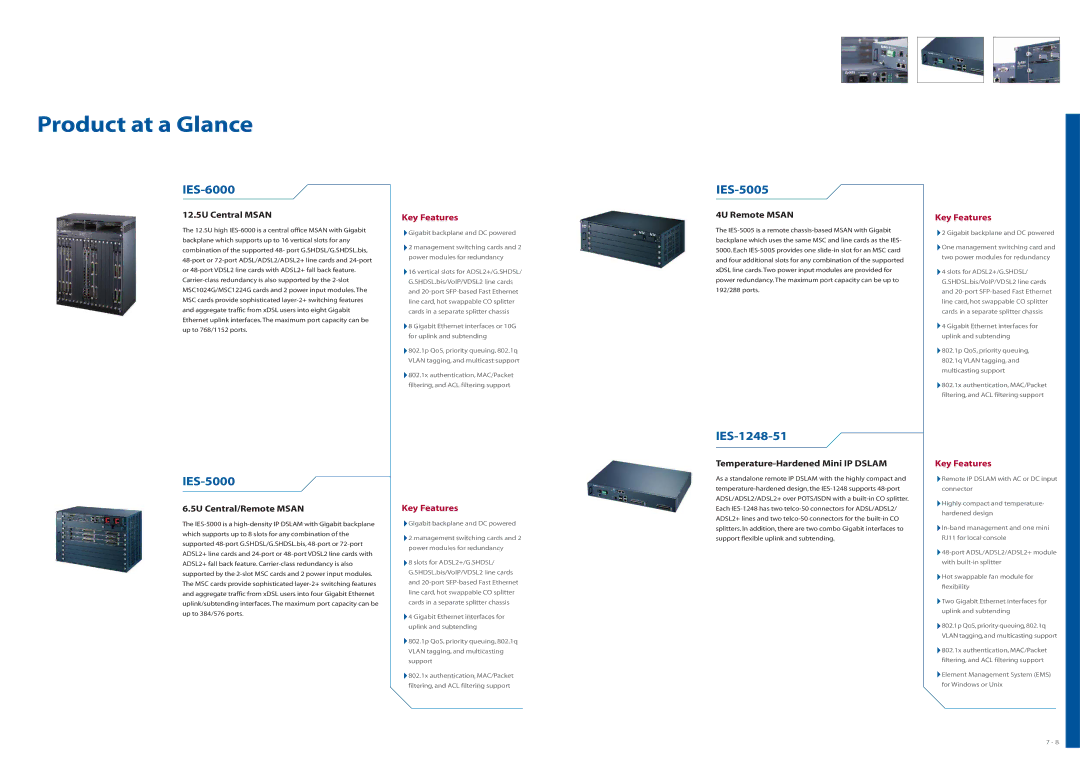 ZyXEL Communications MSAN/IP DSLAM specifications Product at a Glance, IES-6000, IES-5005, IES-1248-51, IES-5000 