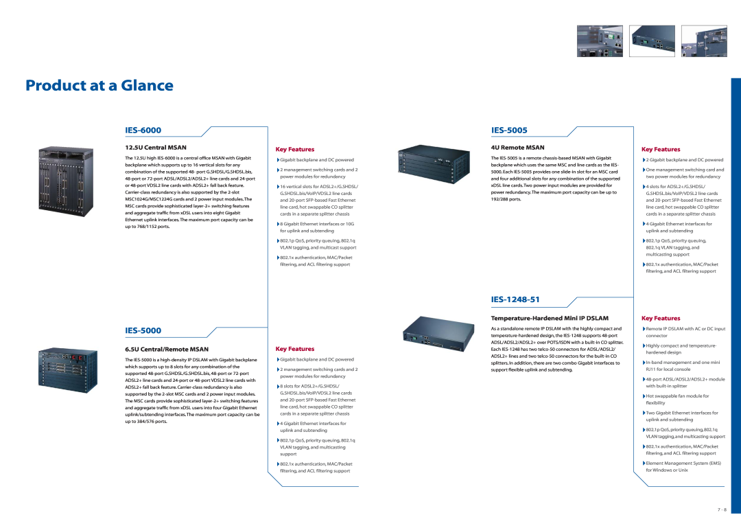 ZyXEL Communications MSAN/IP DSLAM Product at a Glance, IES-6000, IES-5005, IES-1248-51, IES-5000, 12.5U Central MSAN 