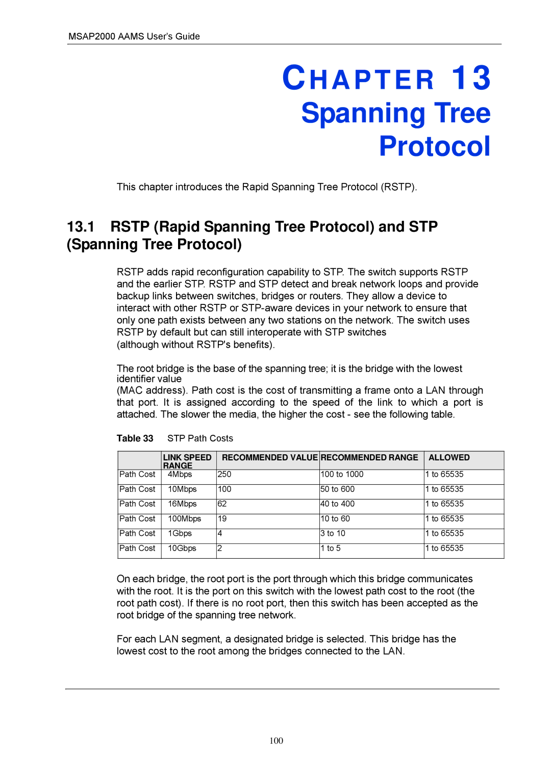 ZyXEL Communications MSAP2000 manual Spanning Tree Protocol, STP Path Costs 