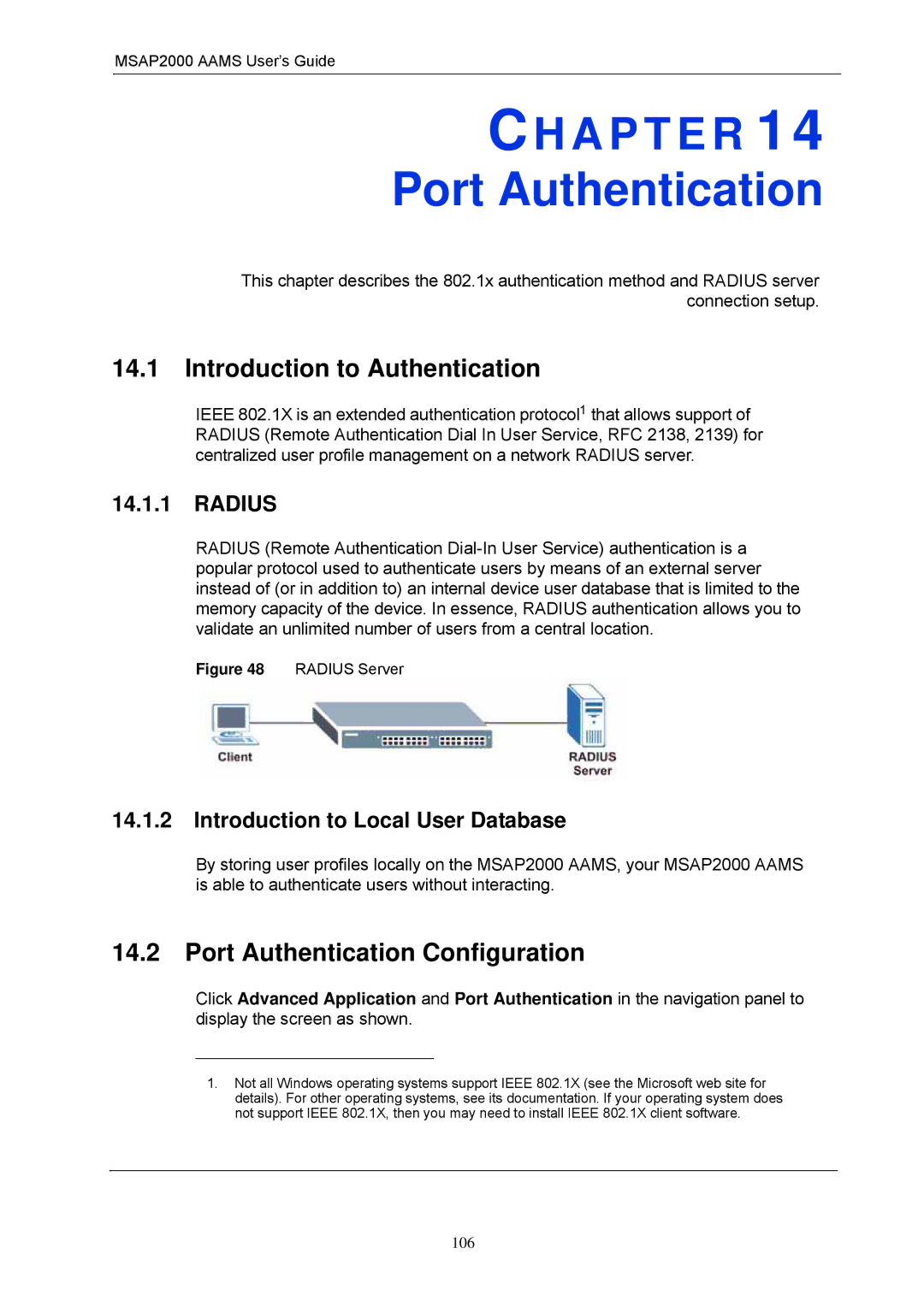 ZyXEL Communications MSAP2000 manual Introduction to Authentication, Port Authentication Configuration, Radius 