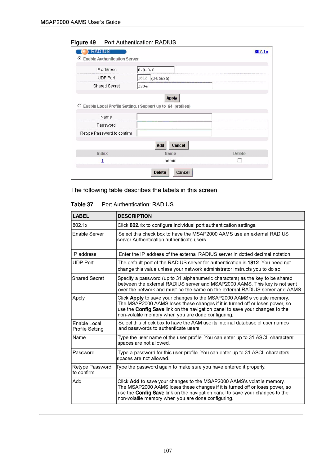 ZyXEL Communications MSAP2000 manual Port Authentication Radius 