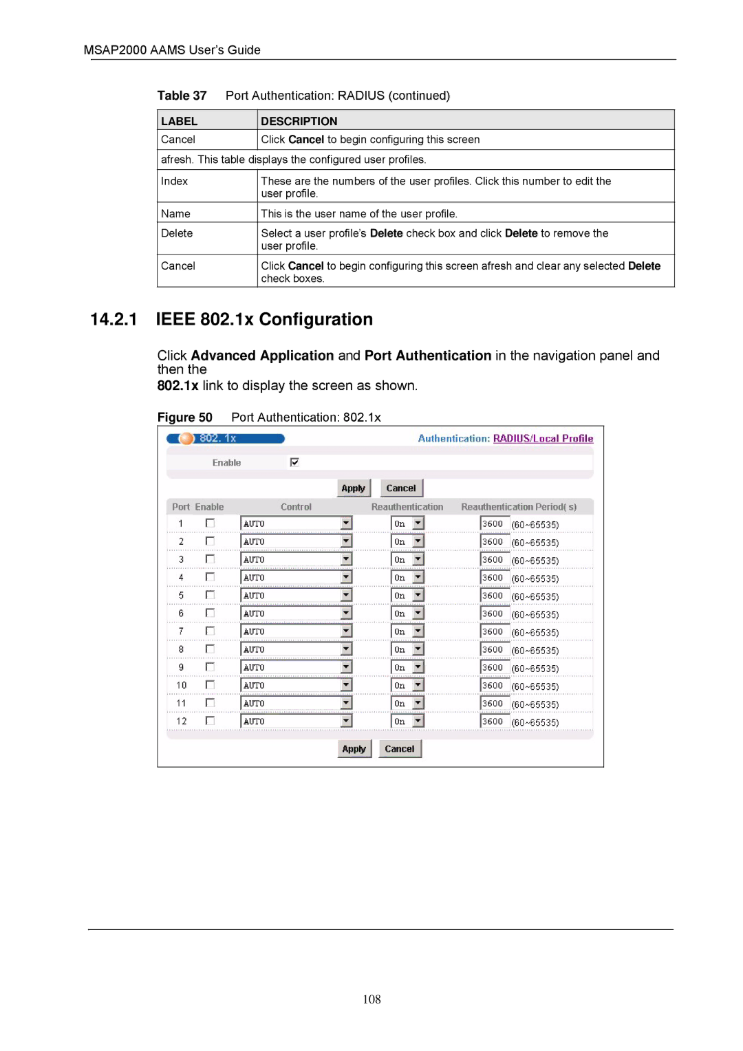 ZyXEL Communications MSAP2000 manual Ieee 802.1x Configuration, 802.1x link to display the screen as shown 