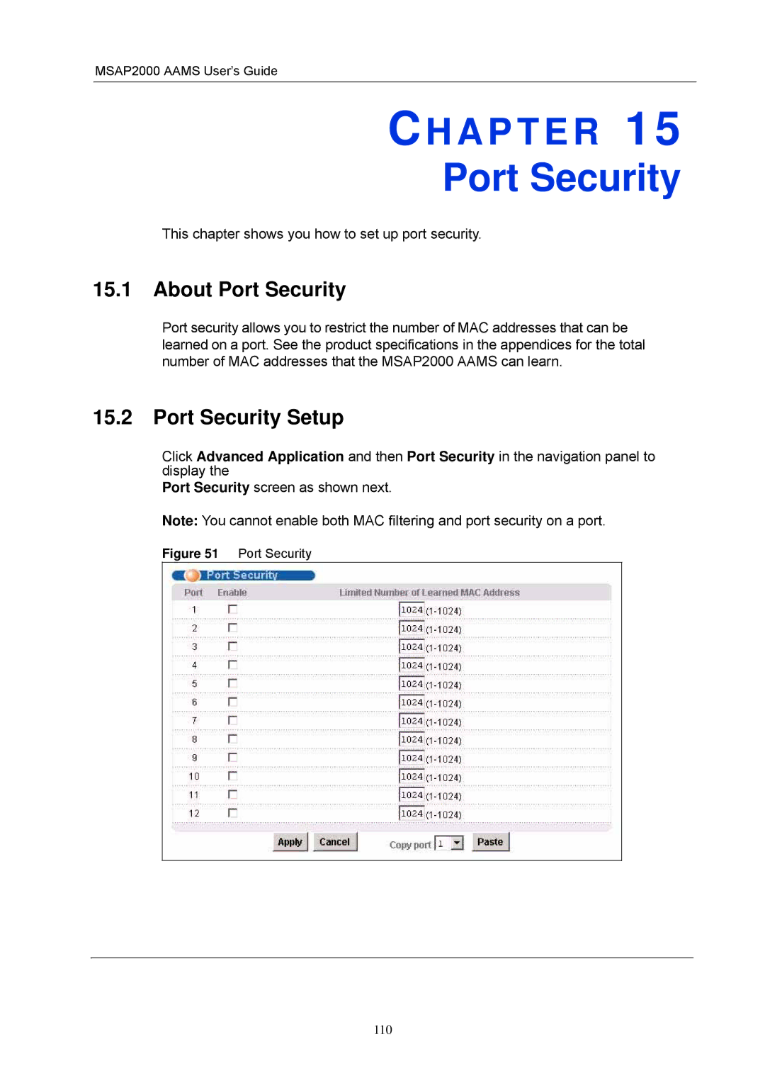 ZyXEL Communications MSAP2000 manual About Port Security, Port Security Setup 