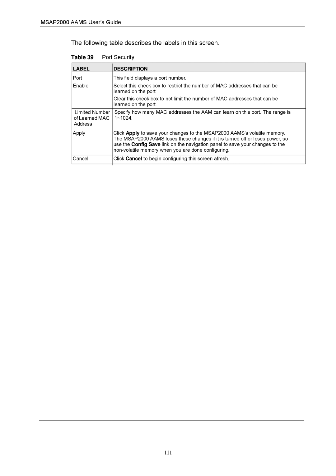 ZyXEL Communications MSAP2000 manual 111 