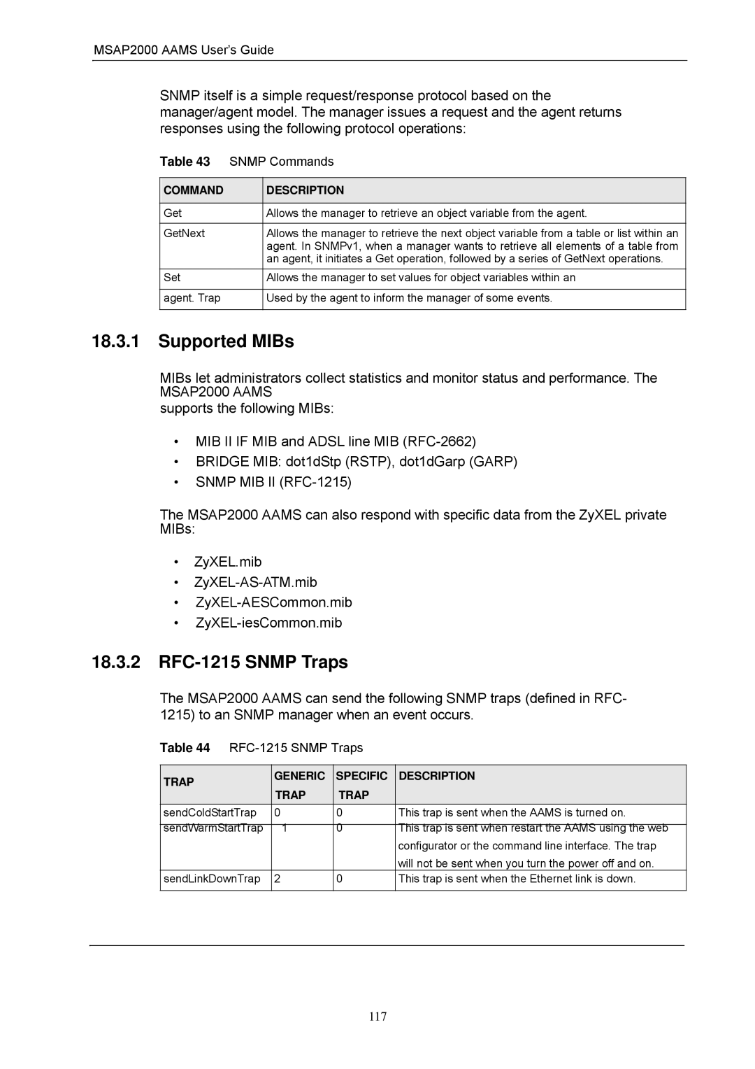 ZyXEL Communications MSAP2000 manual Supported MIBs, RFC-1215 Snmp Traps, Snmp Commands 