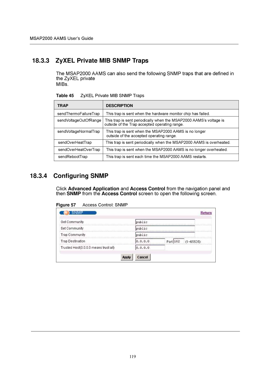 ZyXEL Communications MSAP2000 manual ZyXEL Private MIB Snmp Traps, Configuring Snmp 