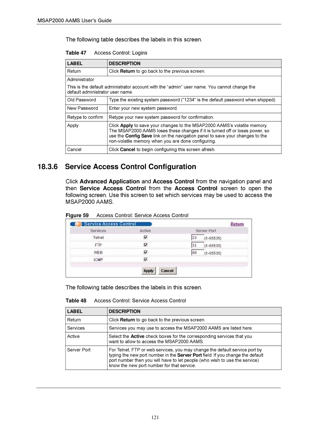 ZyXEL Communications MSAP2000 manual Service Access Control Configuration, Access Control Service Access Control 