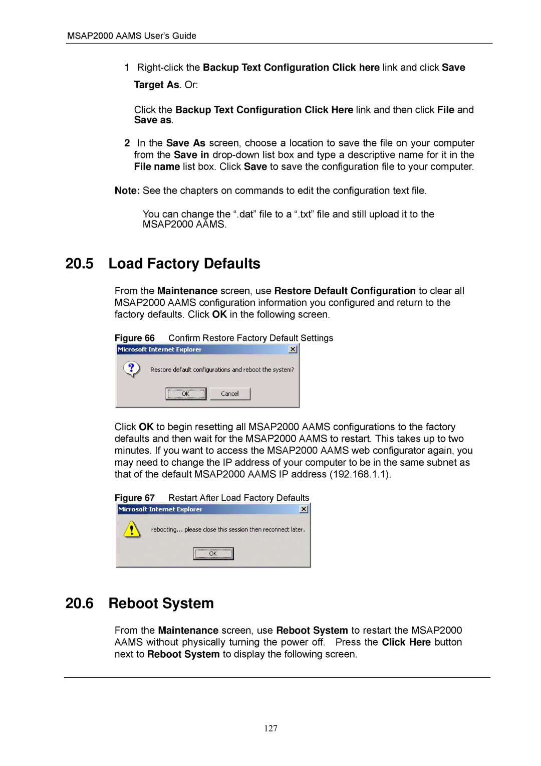 ZyXEL Communications MSAP2000 manual Load Factory Defaults, Reboot System 