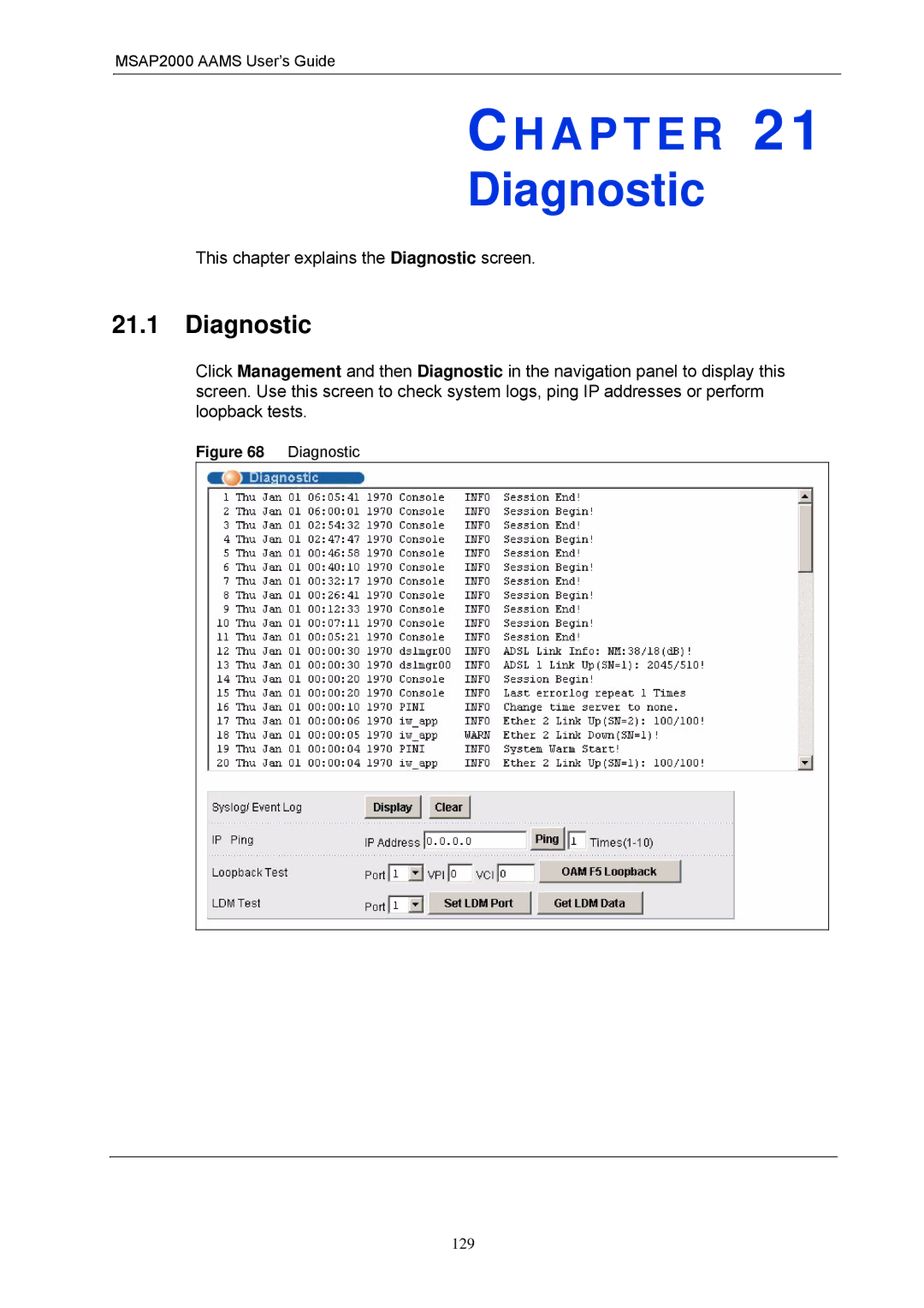 ZyXEL Communications MSAP2000 manual This chapter explains the Diagnostic screen 