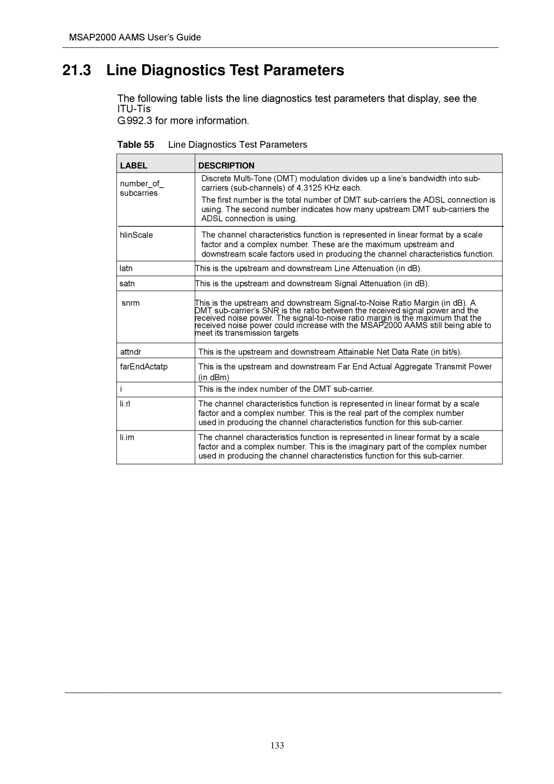 ZyXEL Communications MSAP2000 manual Line Diagnostics Test Parameters 