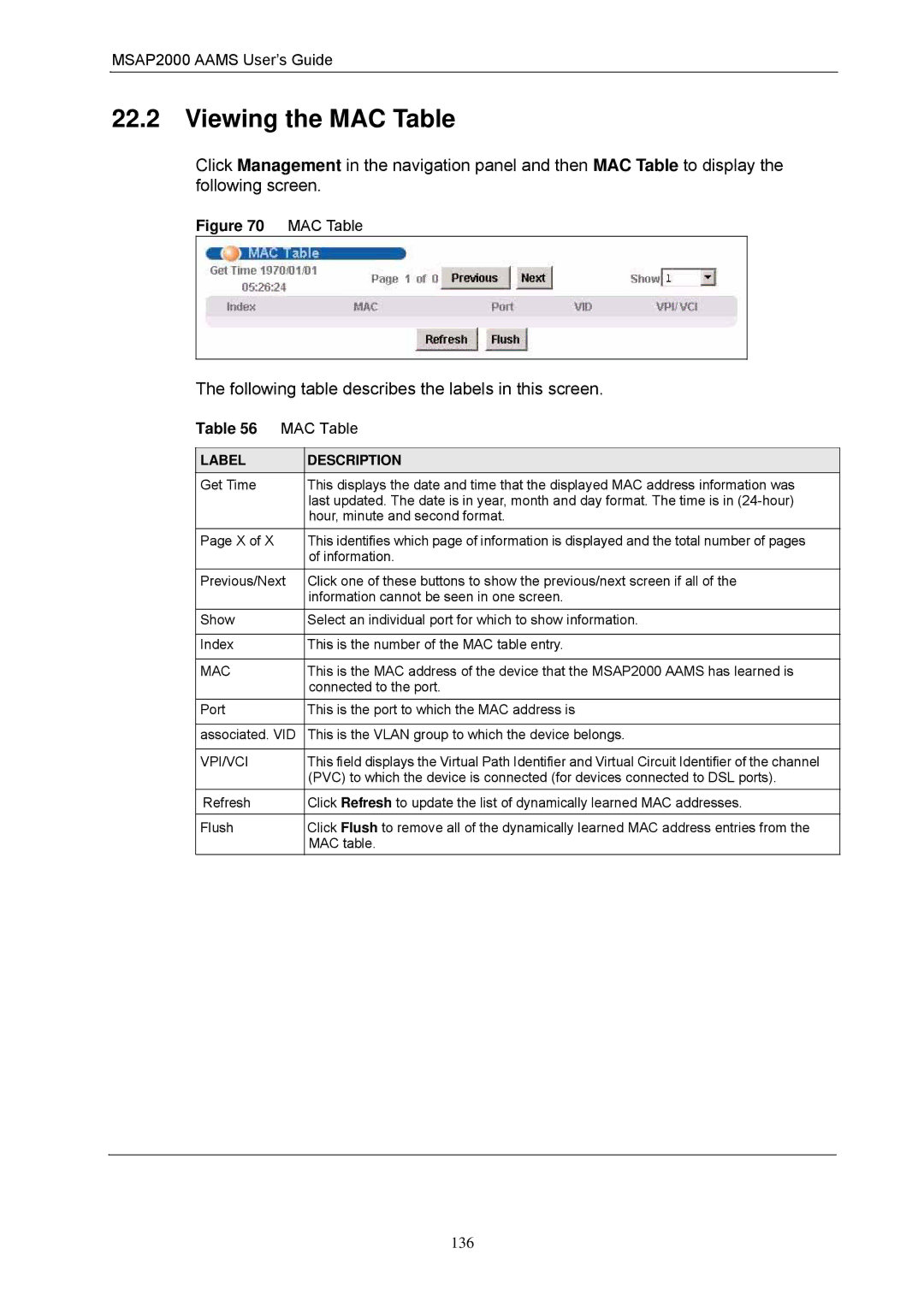 ZyXEL Communications MSAP2000 manual Viewing the MAC Table 