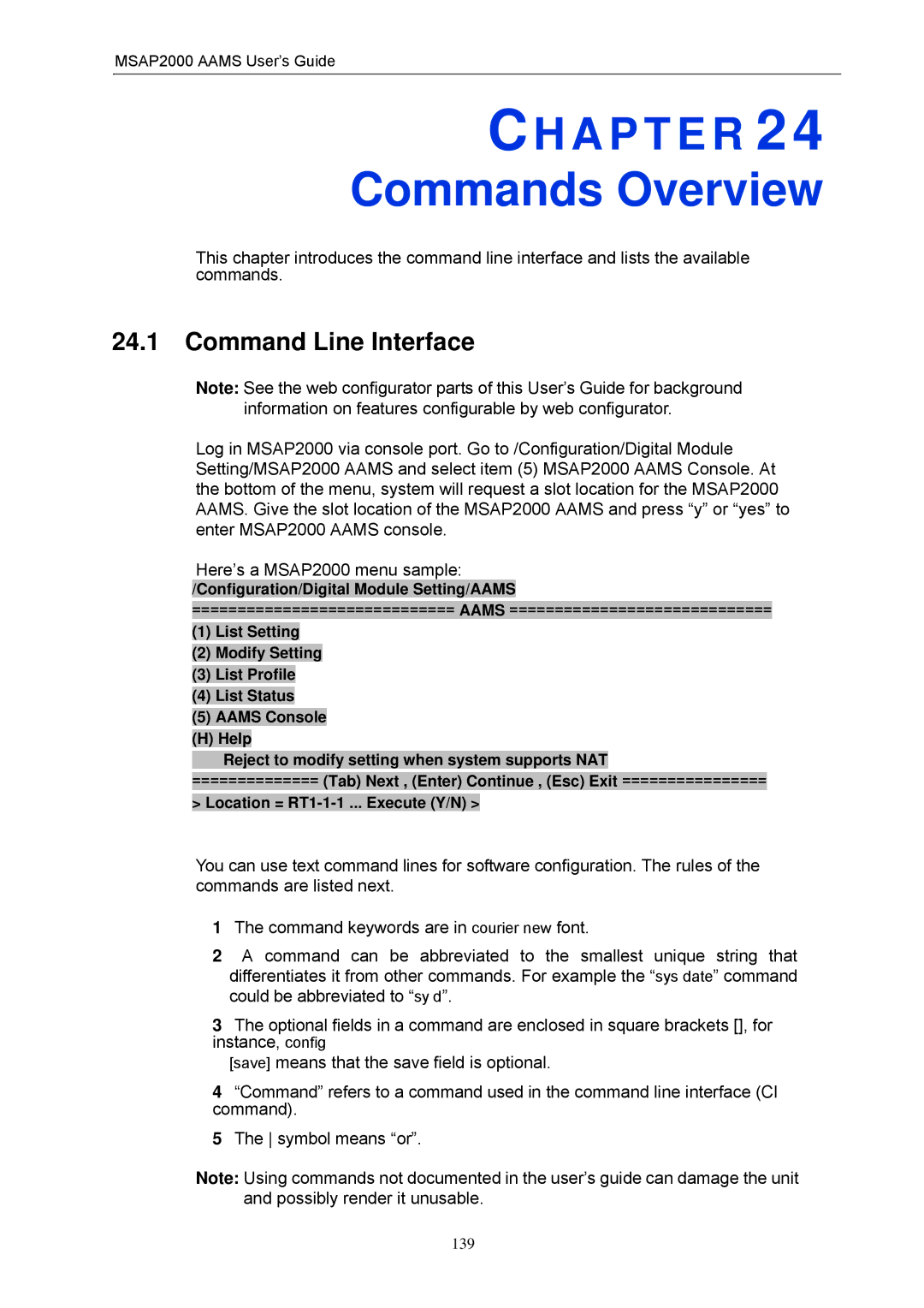 ZyXEL Communications MSAP2000 manual Commands Overview, Command Line Interface 