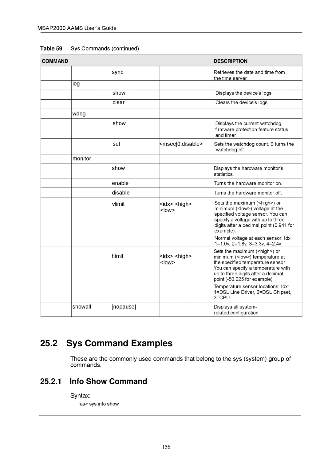 ZyXEL Communications MSAP2000 manual Sys Command Examples, Info Show Command, Syntax, Set Msec0disable, =Cpu 