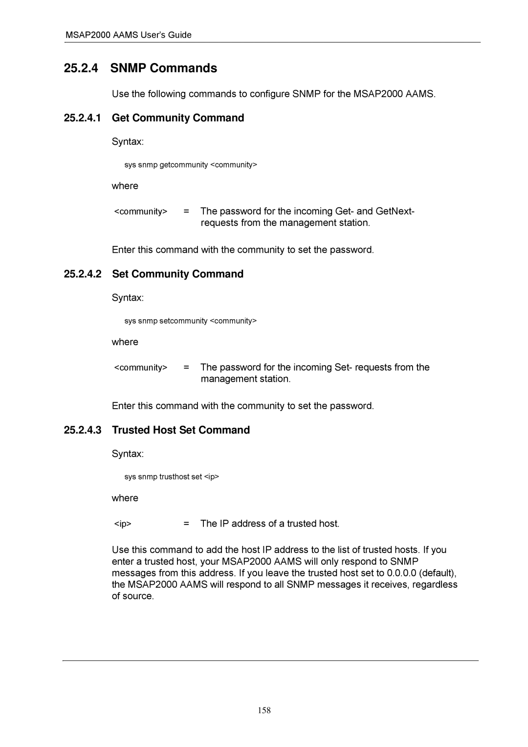 ZyXEL Communications MSAP2000 manual Snmp Commands, Get Community Command, Set Community Command, Trusted Host Set Command 