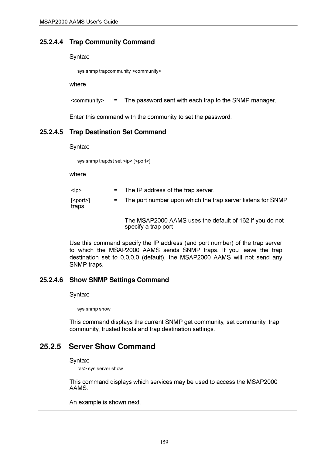 ZyXEL Communications MSAP2000 manual Server Show Command, Trap Community Command, Trap Destination Set Command 