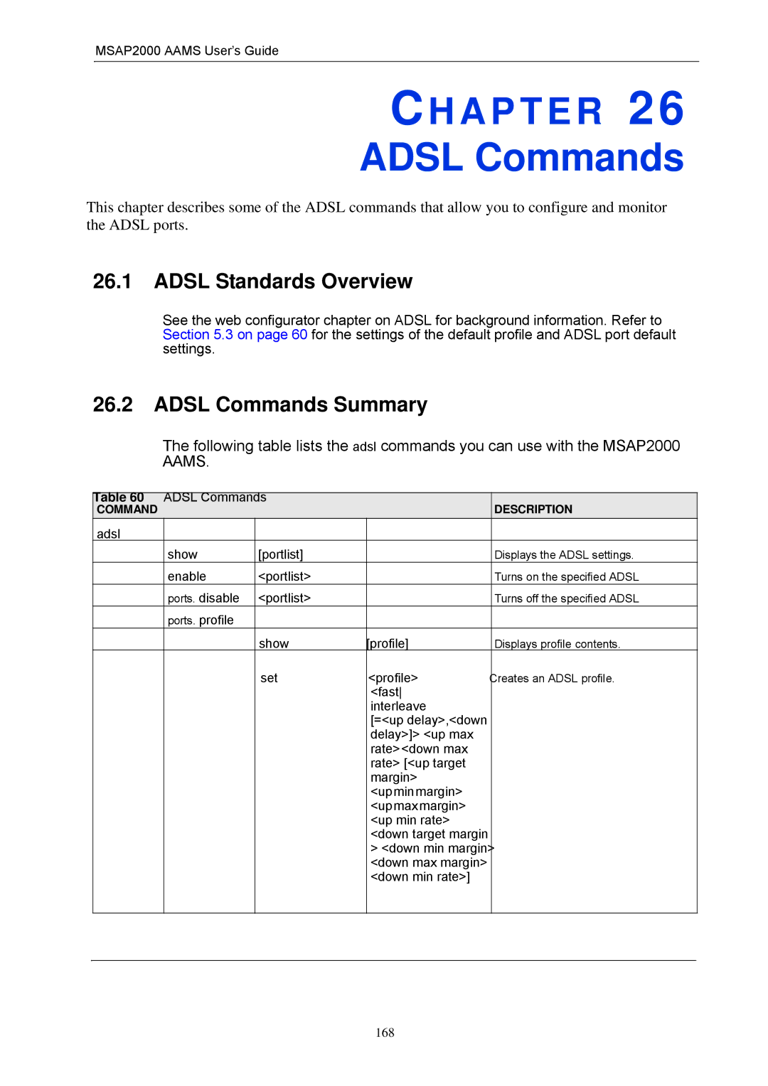 ZyXEL Communications MSAP2000 manual Adsl Commands Summary, Down max margin Down min rate 