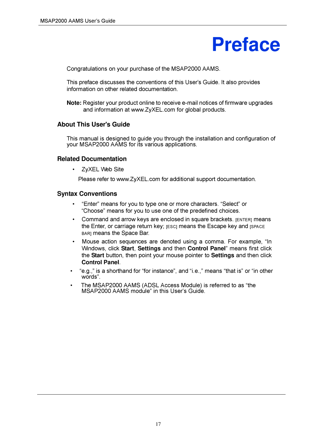 ZyXEL Communications MSAP2000 manual About This Users Guide, Related Documentation, Syntax Conventions, ZyXEL Web Site 