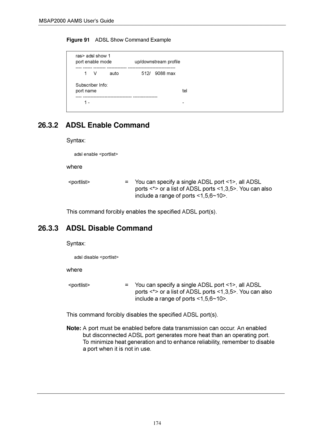 ZyXEL Communications MSAP2000 manual Adsl Enable Command, Adsl Disable Command 