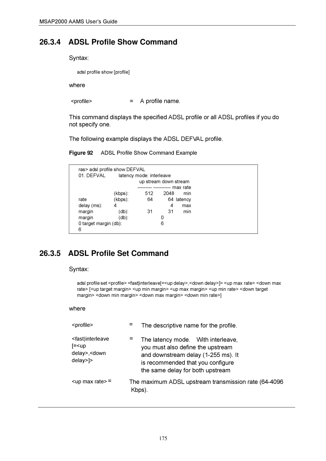 ZyXEL Communications MSAP2000 manual Adsl Profile Show Command, Adsl Profile Set Command 