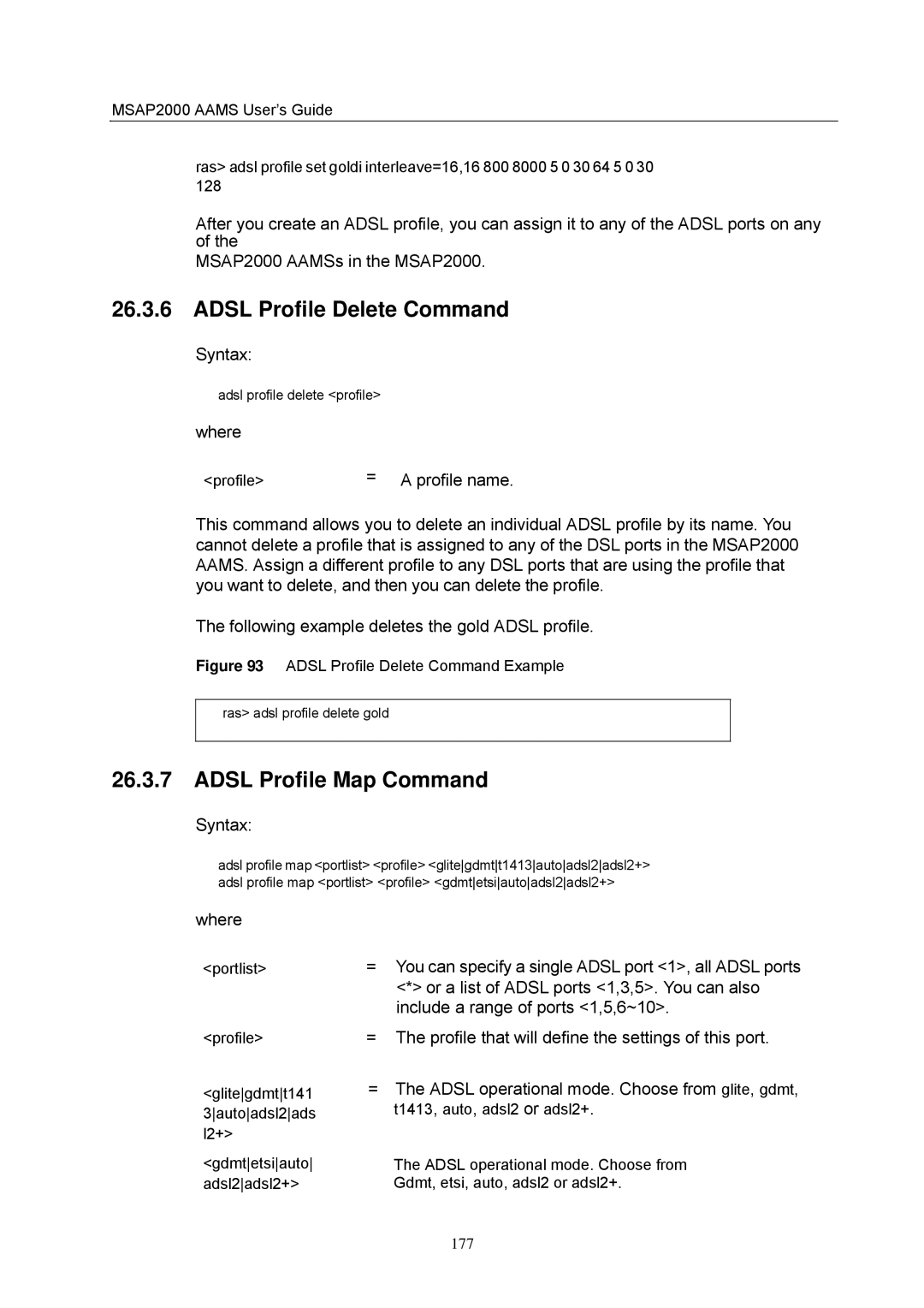 ZyXEL Communications MSAP2000 manual Adsl Profile Delete Command, Adsl Profile Map Command 