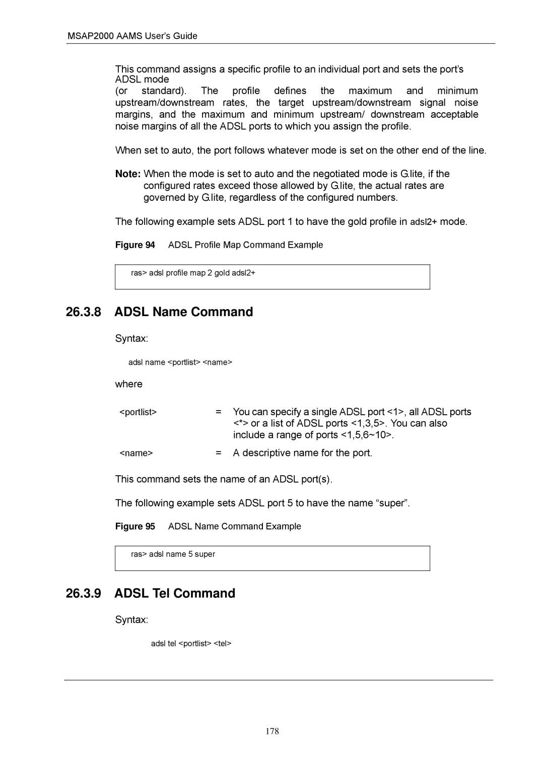 ZyXEL Communications MSAP2000 manual Adsl Name Command, Adsl Tel Command, Descriptive name for the port 