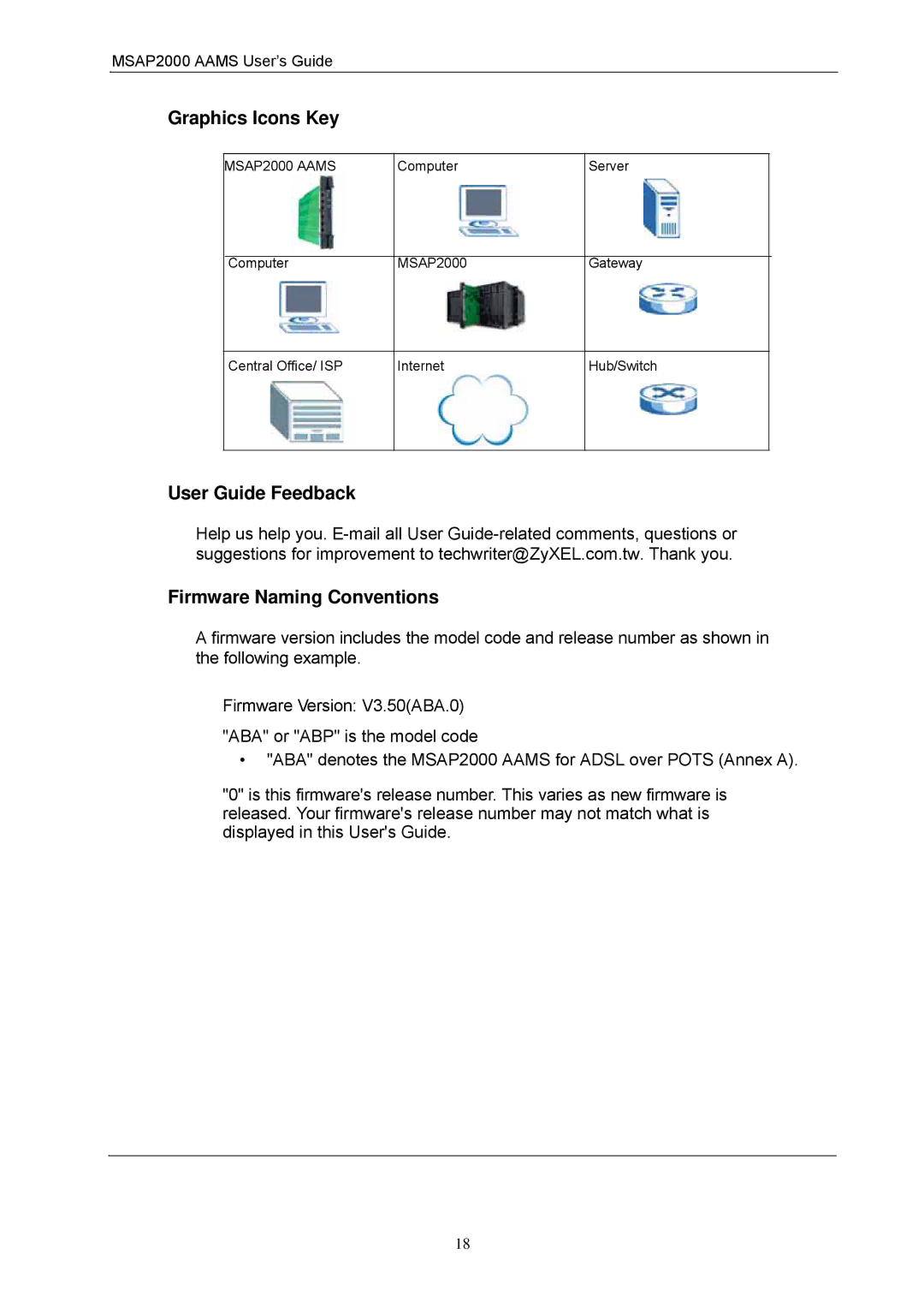 ZyXEL Communications manual Graphics Icons Key, User Guide Feedback, Firmware Naming Conventions, MSAP2000 Aams 