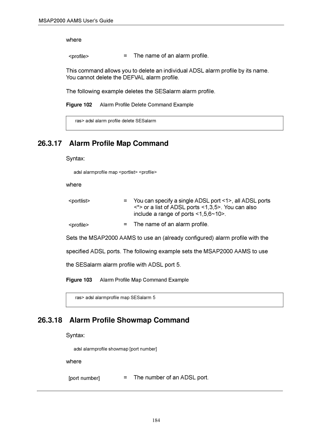 ZyXEL Communications MSAP2000 manual Alarm Profile Map Command, Alarm Profile Showmap Command, = The number of an Adsl port 