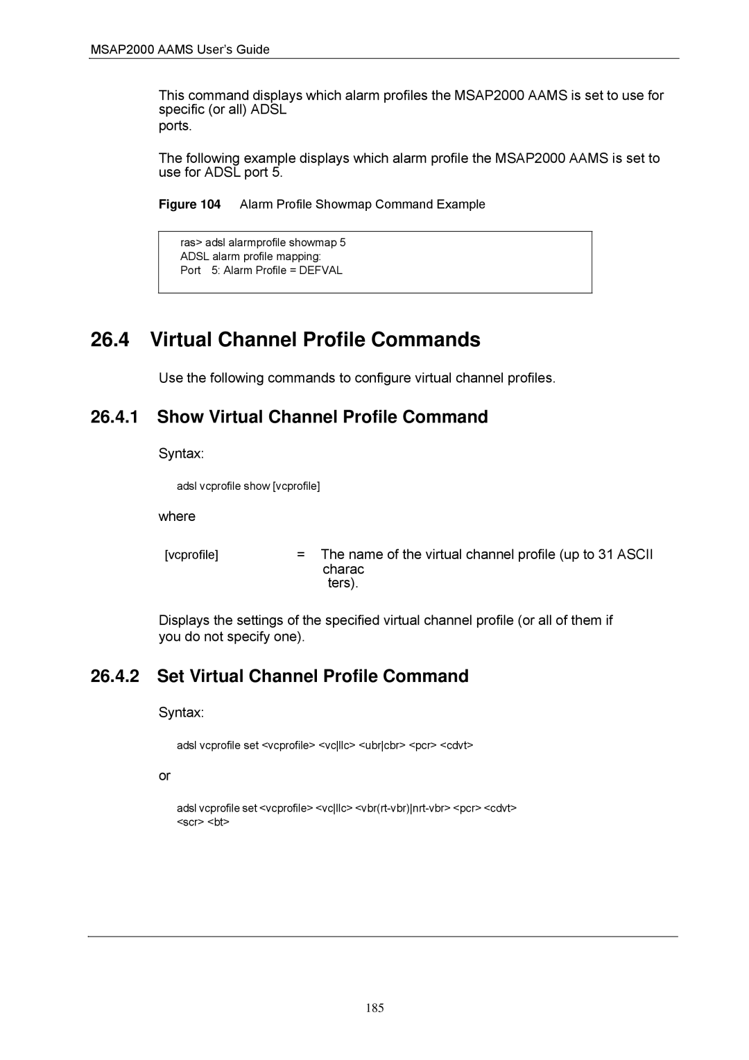 ZyXEL Communications MSAP2000 manual Virtual Channel Profile Commands, Show Virtual Channel Profile Command 